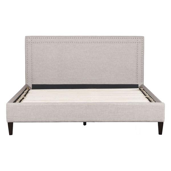 Renaissance King Dove Gray Bed with chrome nail head trim and angled block feet, showcasing its elegant design and soft upholstery.