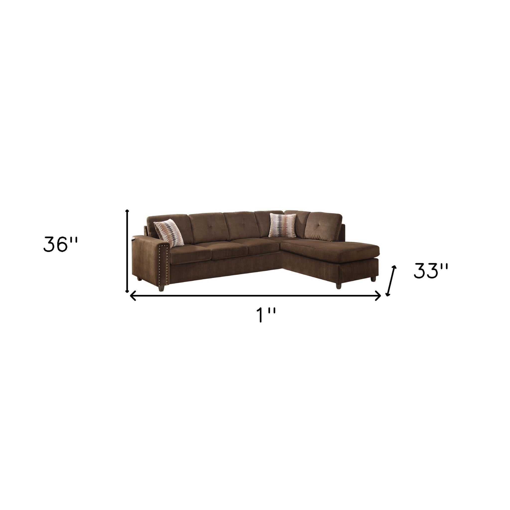 Chocolate velvet reversible sectional sofa with tufted cushions and track armrests, featuring two square pillows and an ottoman.