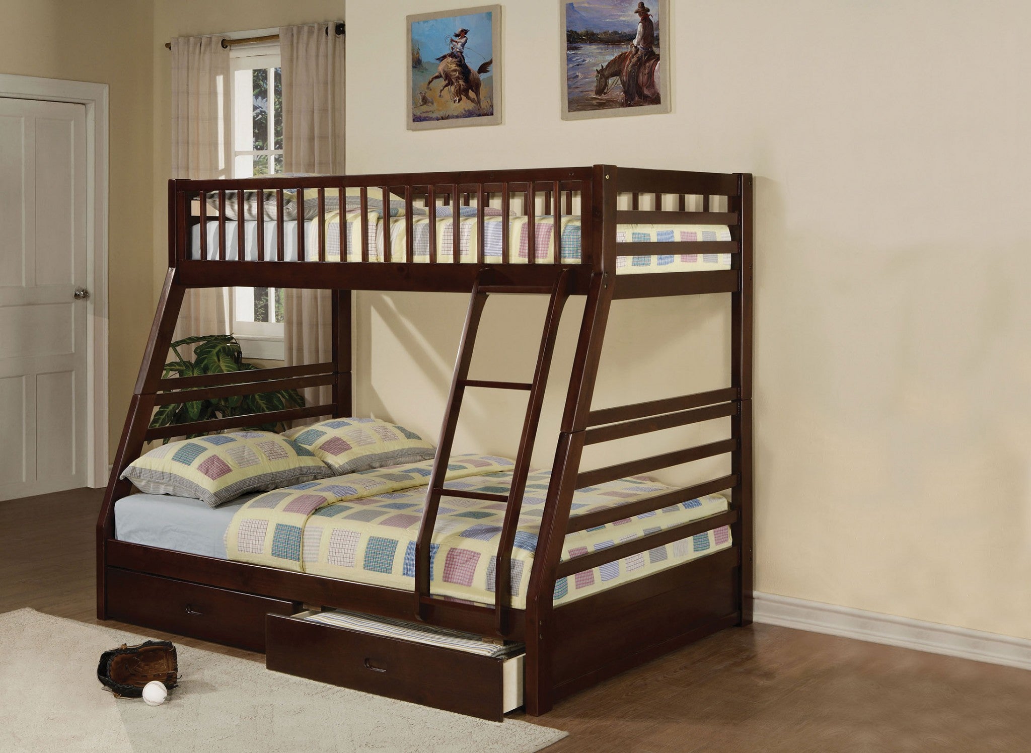 Honey Oak Pine Wood Bunk Bed featuring twin over full design with storage drawers and safety guard-rail.