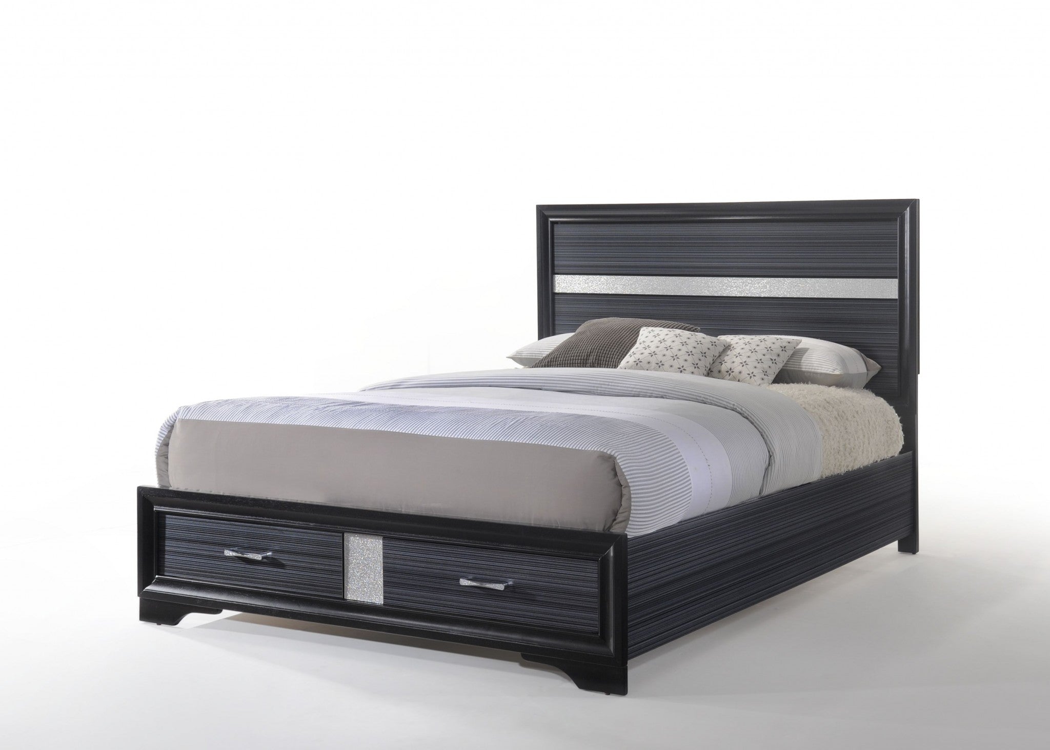 Black Wood Eastern King Bed with Storage featuring a panel headboard and storage footboard, showcasing a sleek contemporary design.