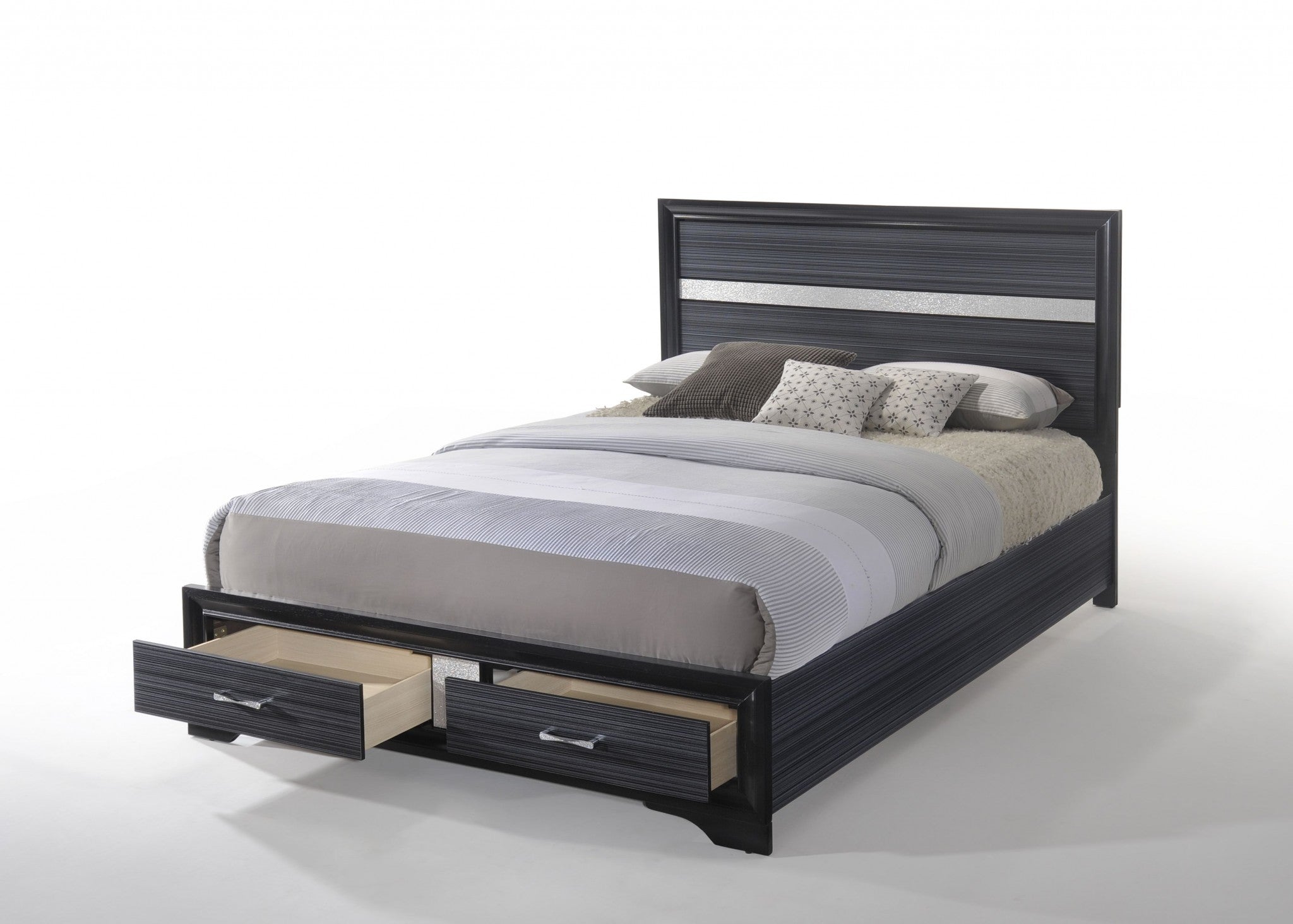 Black Wood Eastern King Bed with Storage featuring a panel headboard and storage footboard, showcasing a sleek contemporary design.