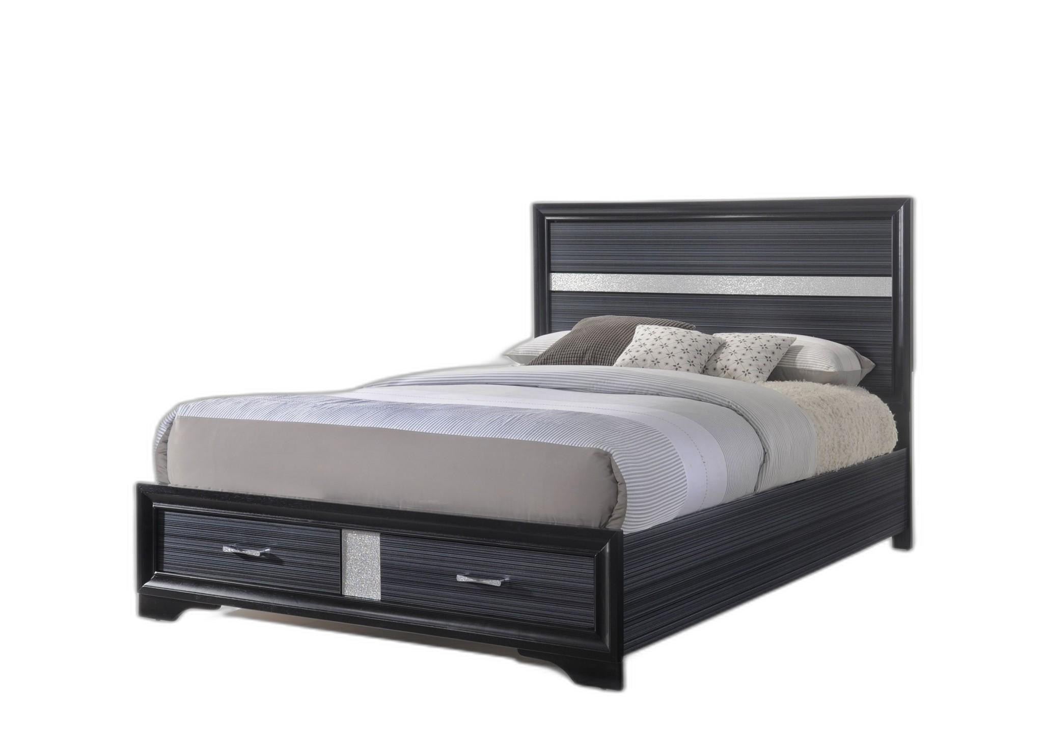 Black Wood Eastern King Bed with Storage featuring a panel headboard and storage footboard, showcasing a sleek contemporary design.