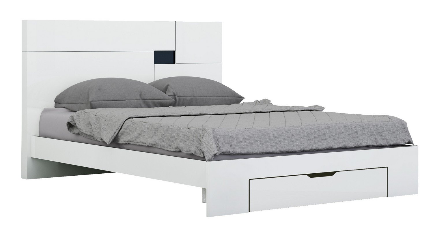 Modern Eastern King bed in white high gloss finish with under-bed storage drawer, showcasing sleek design and sturdy construction.