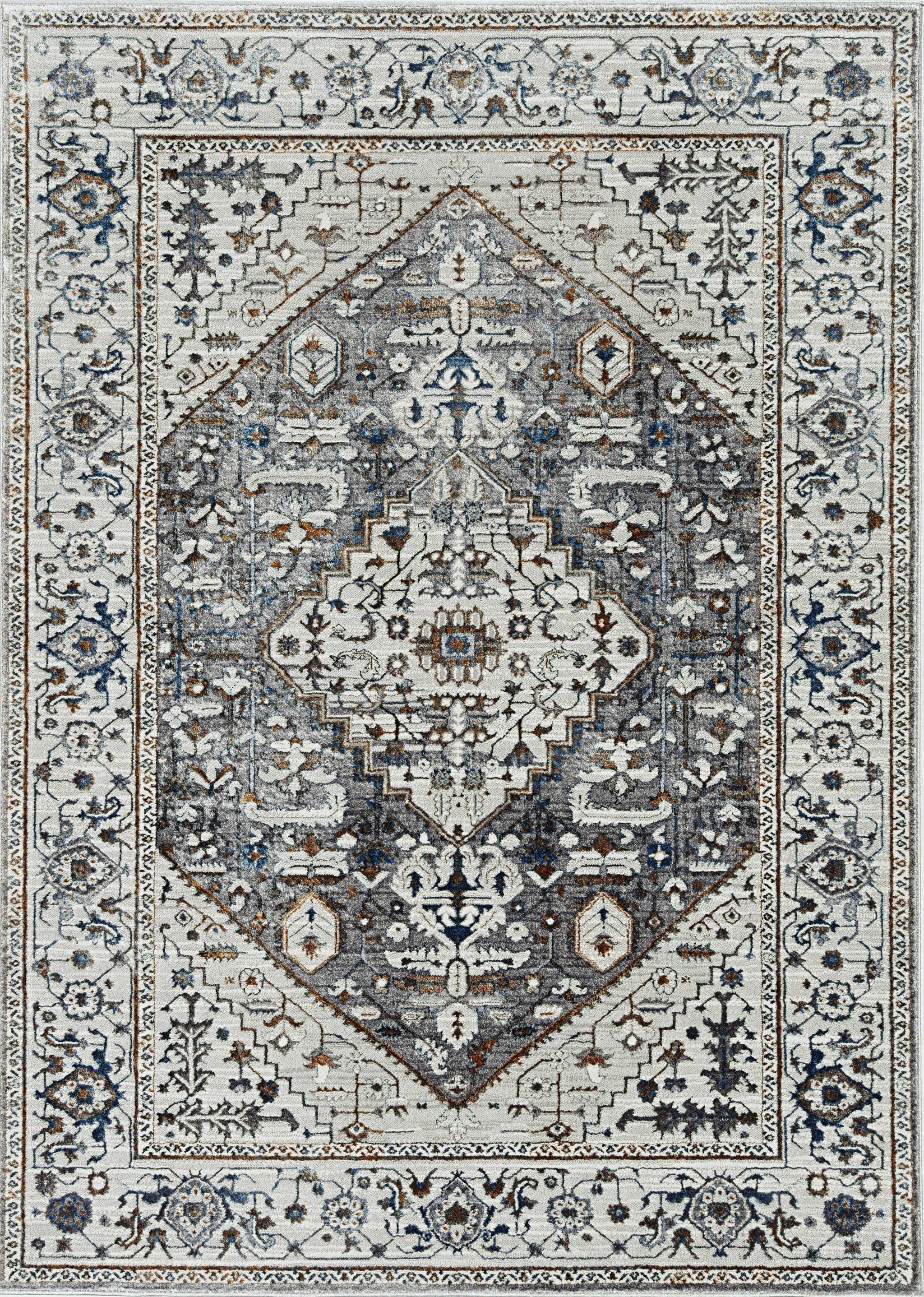 7-inch grey machine woven diamond floral medallion indoor runner rug with metallic highlights, perfect for living room decor.