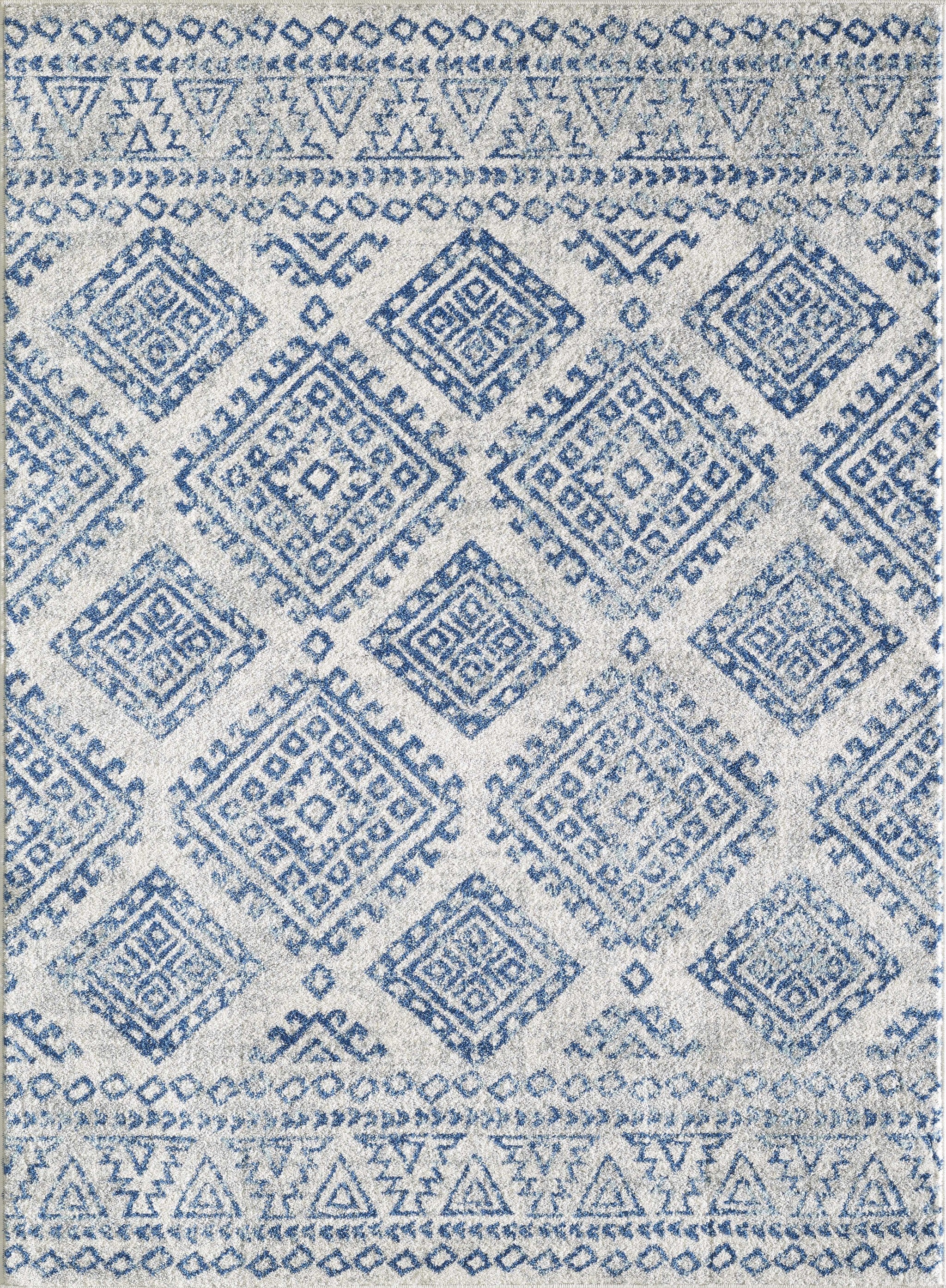 7-inch ivory blue machine woven distressed geometric indoor runner rug, showcasing a modern design with soft textures.