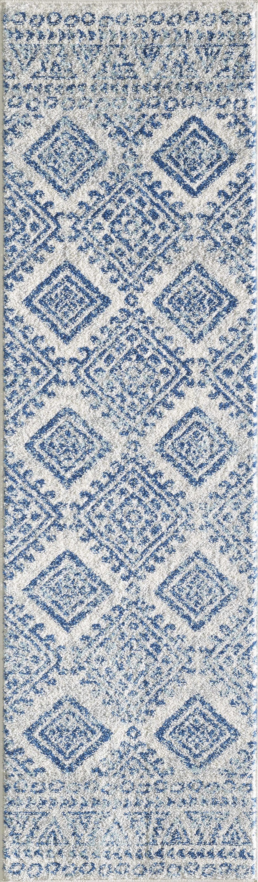 7-inch ivory blue machine woven distressed geometric indoor runner rug, showcasing a modern design with soft textures.