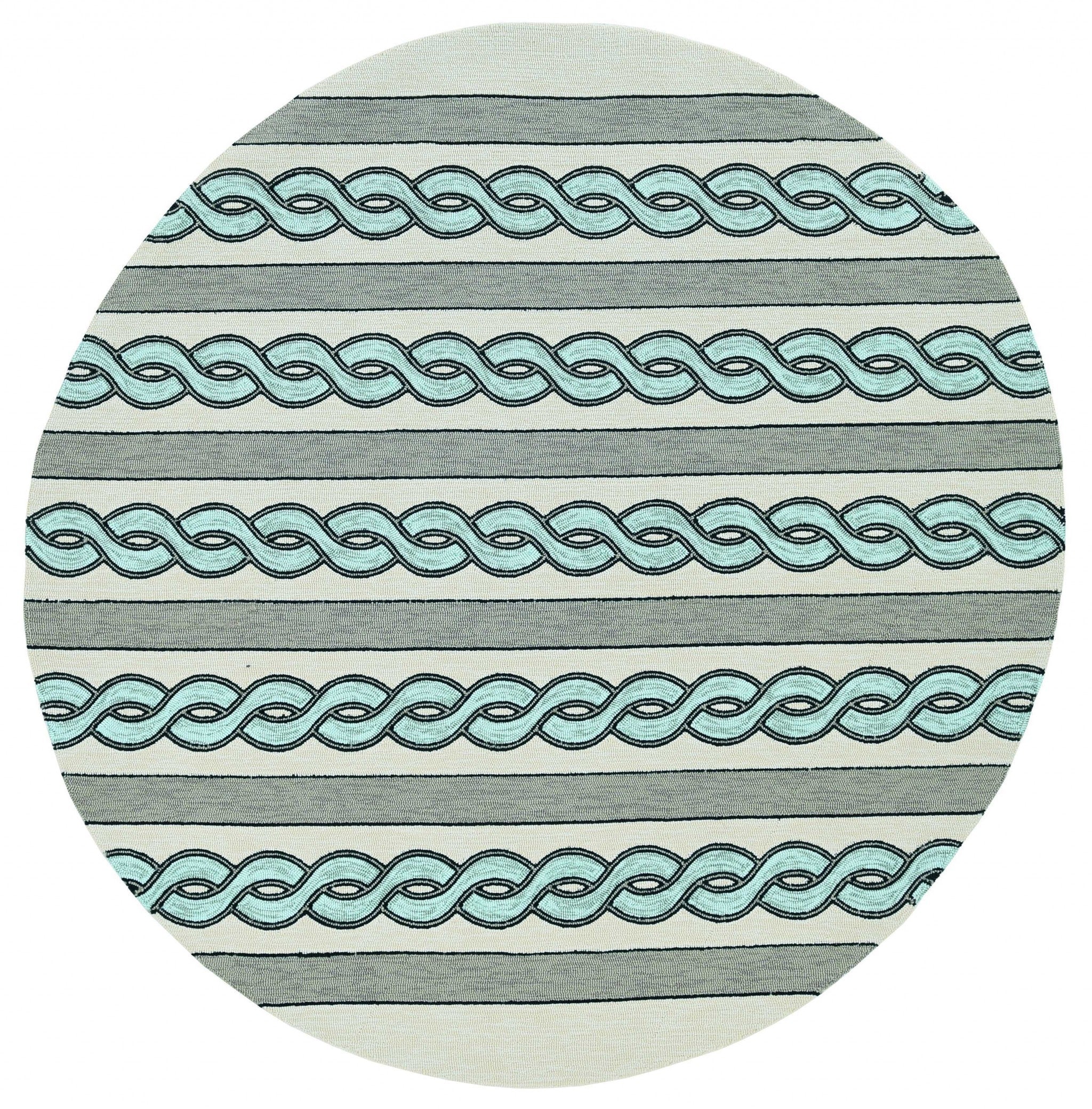 7-inch round ivory spa hand hooked rug with cable stitch design, suitable for indoor and outdoor use.