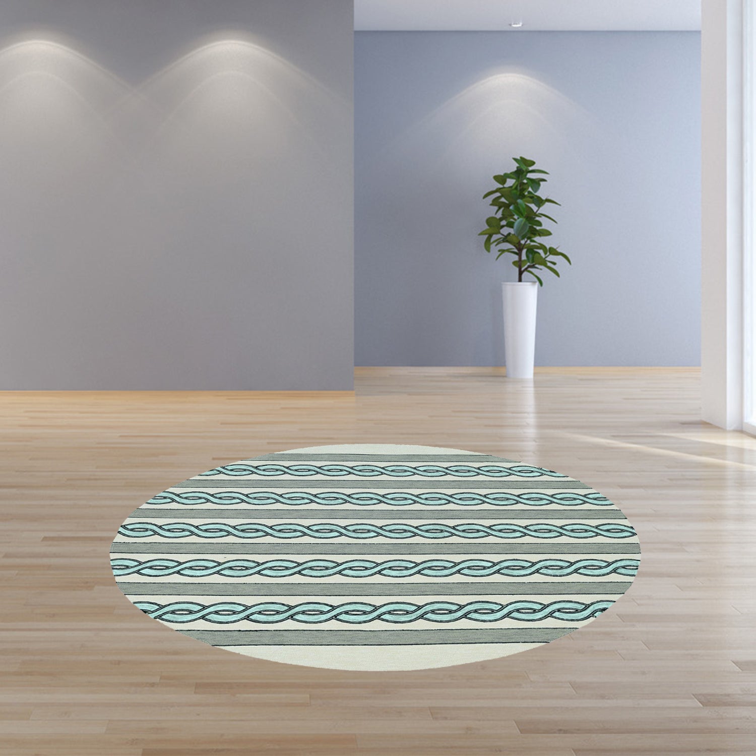 7-inch round ivory spa hand hooked rug with cable stitch design, suitable for indoor and outdoor use.