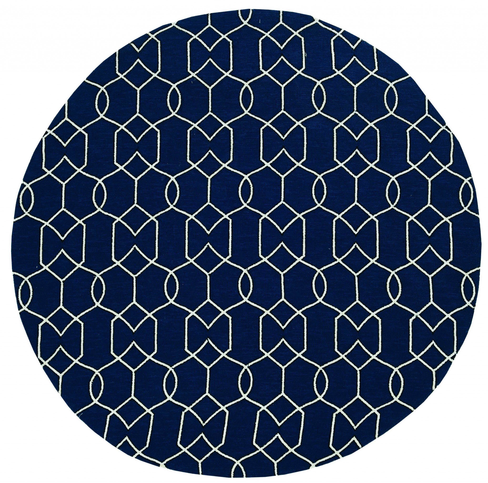 7-inch navy blue hand-hooked geometric round rug, showcasing intricate patterns and UV-treated polypropylene material, suitable for indoor and outdoor use.