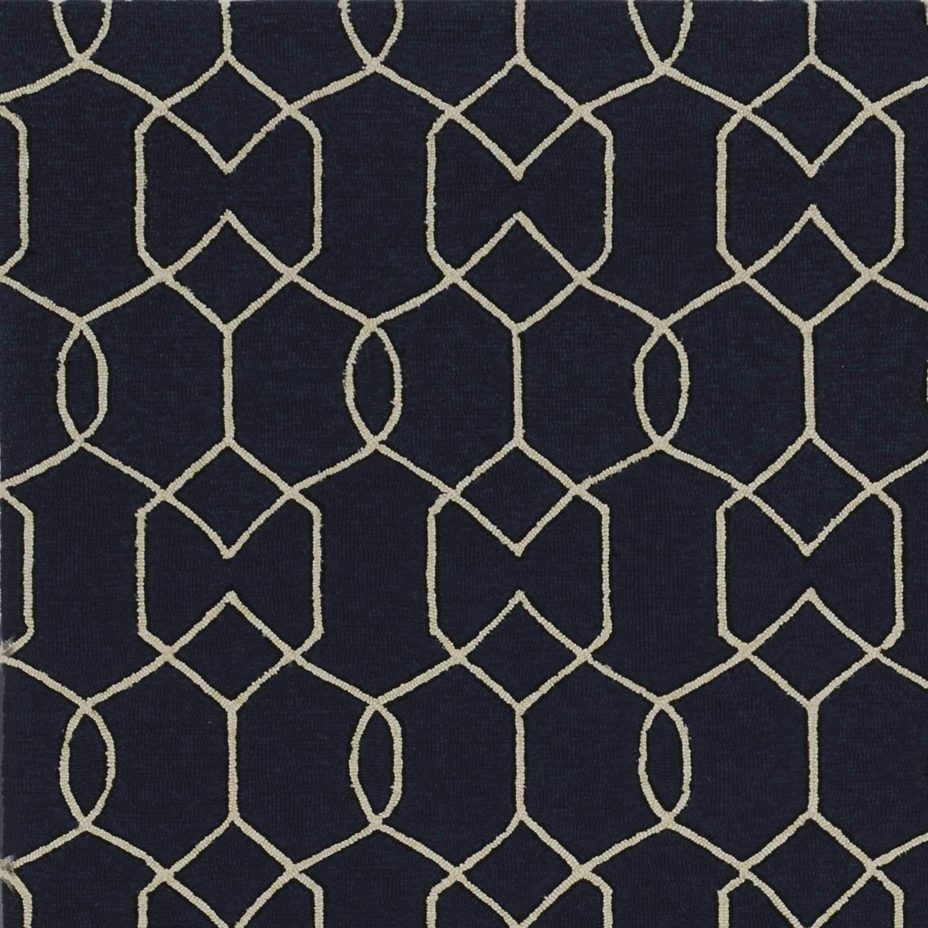 7-inch navy blue hand-hooked geometric round rug, showcasing intricate patterns and UV-treated polypropylene material, suitable for indoor and outdoor use.