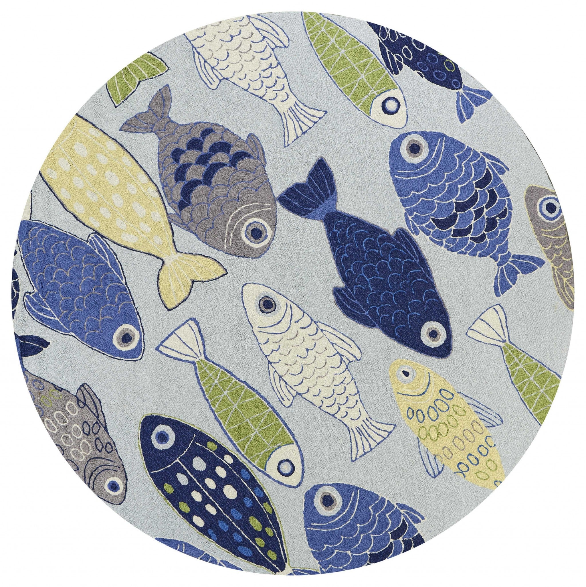 7-inch round light blue indoor area rug featuring a school of fish design, perfect for enhancing home decor.