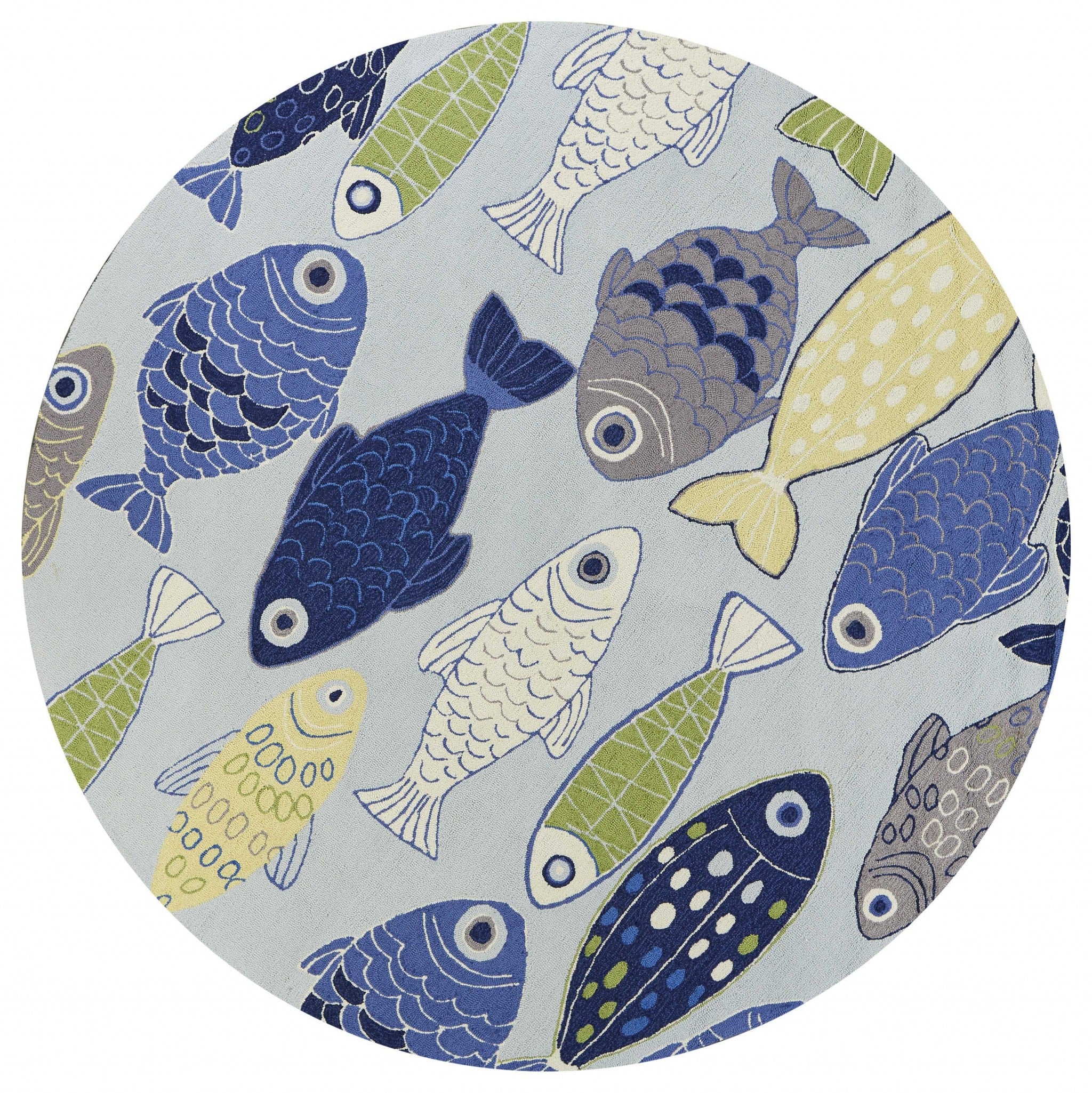 7-inch round light blue indoor area rug featuring a school of fish design, perfect for enhancing home decor.