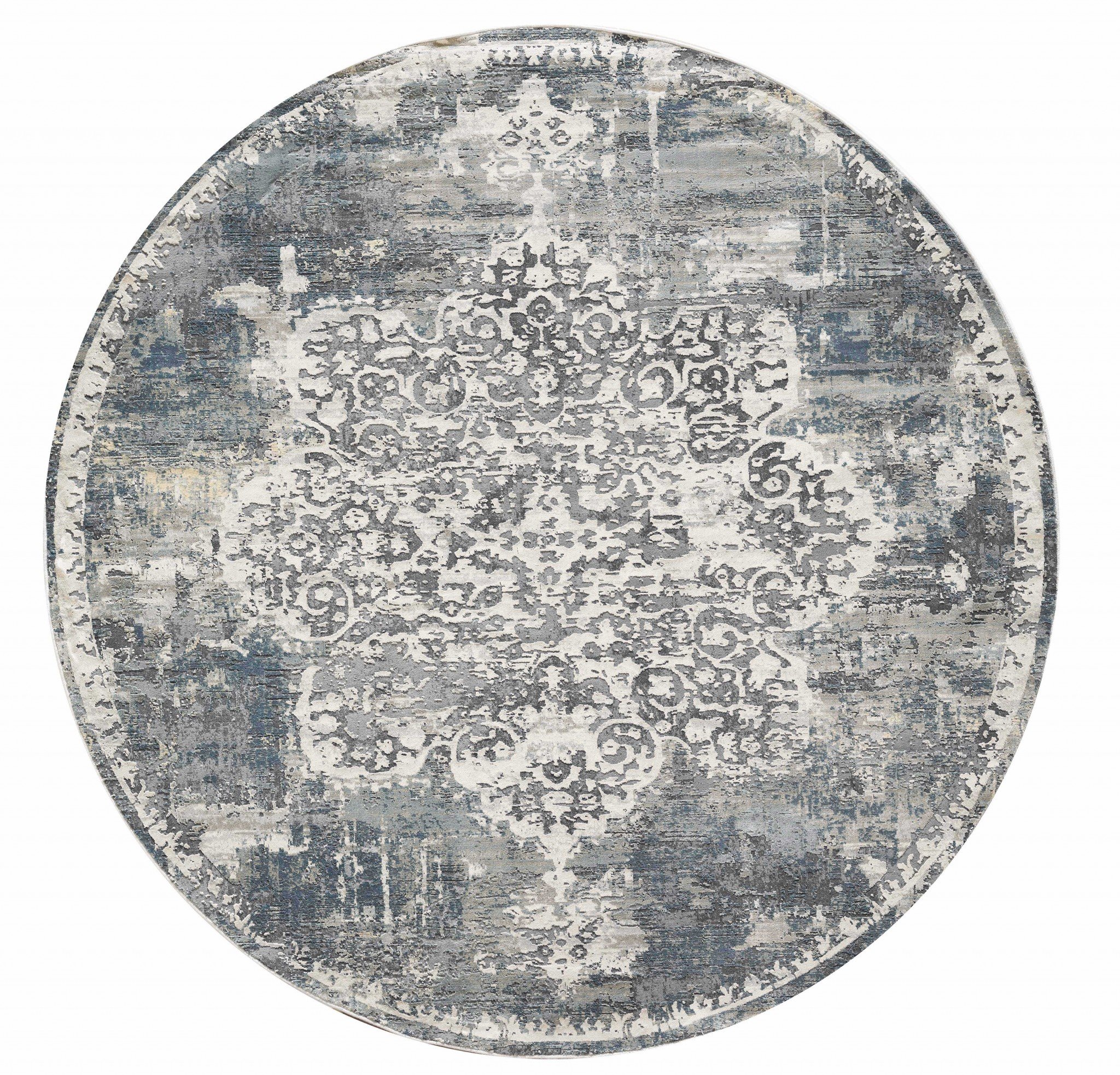 A 7-inch round ivory area rug made of polyester, showcasing a contemporary design suitable for various interior styles.