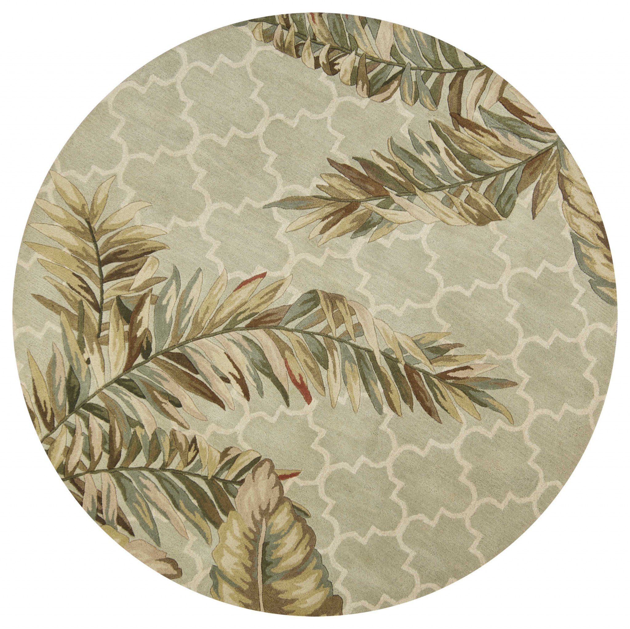 A beautiful 7-inch round wool sage area rug featuring floral designs, perfect for enhancing modern home decor.