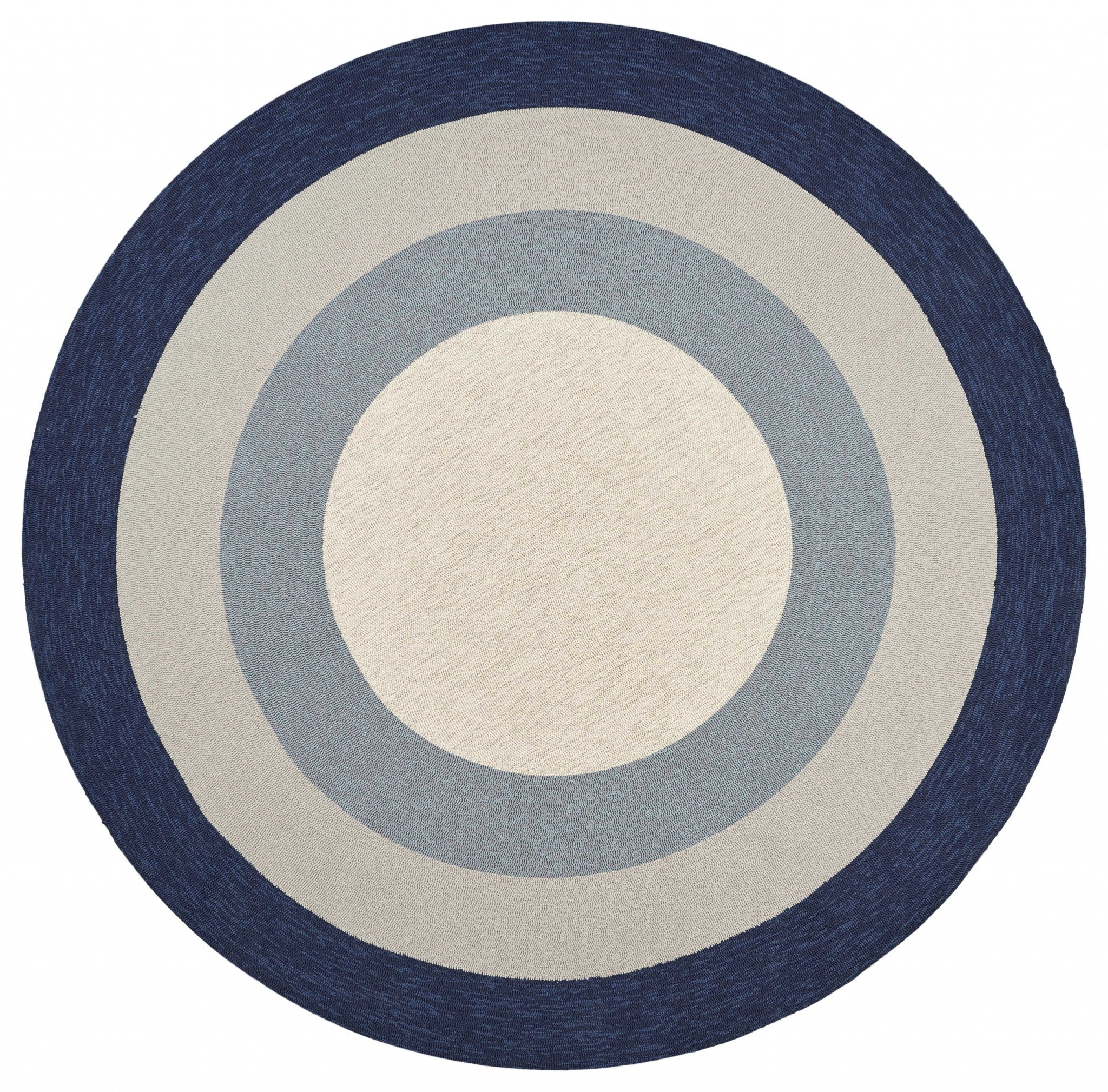 7-inch round slate navy blue hand hooked rug with bordered design, perfect for indoor and outdoor use.