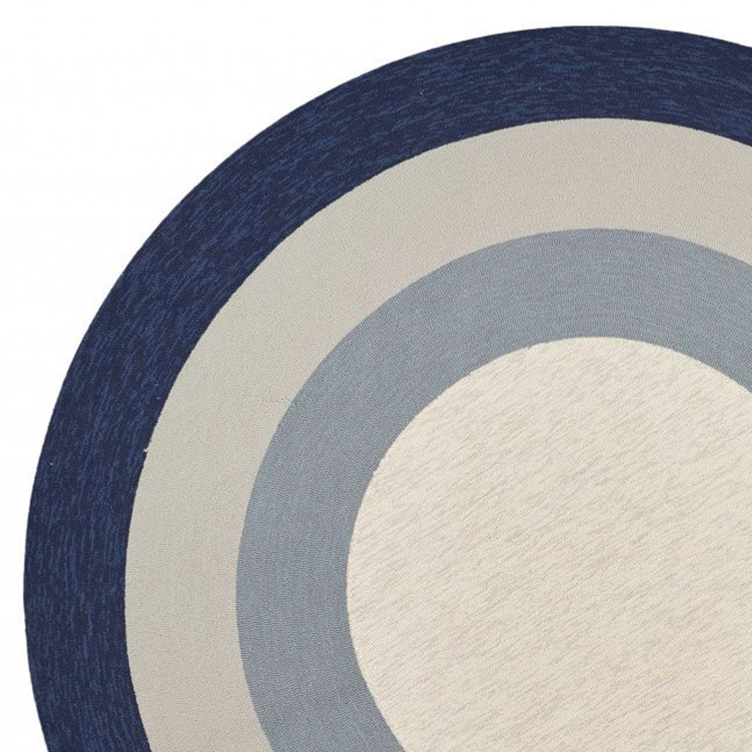 7-inch round slate navy blue hand hooked rug with bordered design, perfect for indoor and outdoor use.