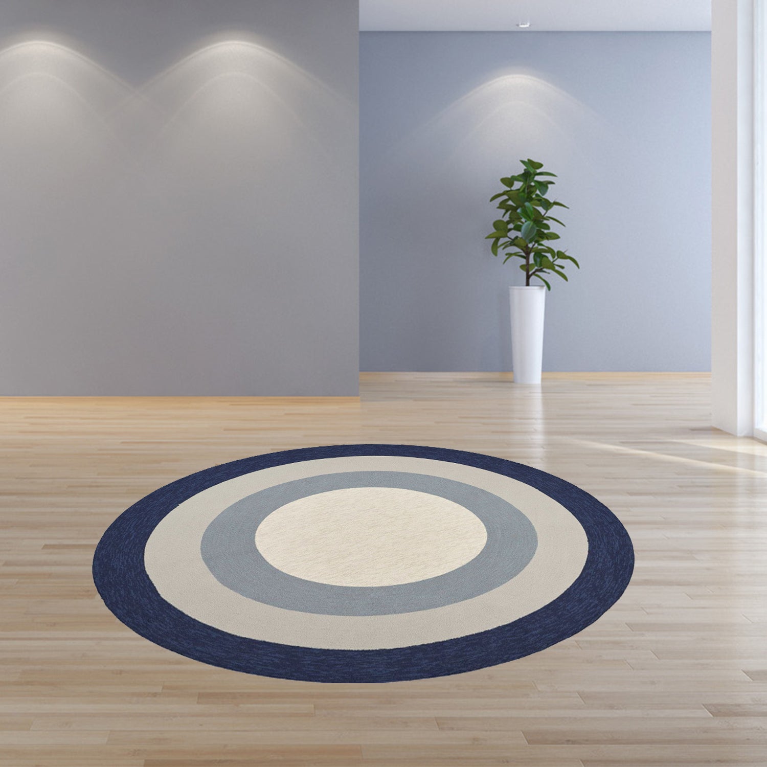 7-inch round slate navy blue hand hooked rug with bordered design, perfect for indoor and outdoor use.