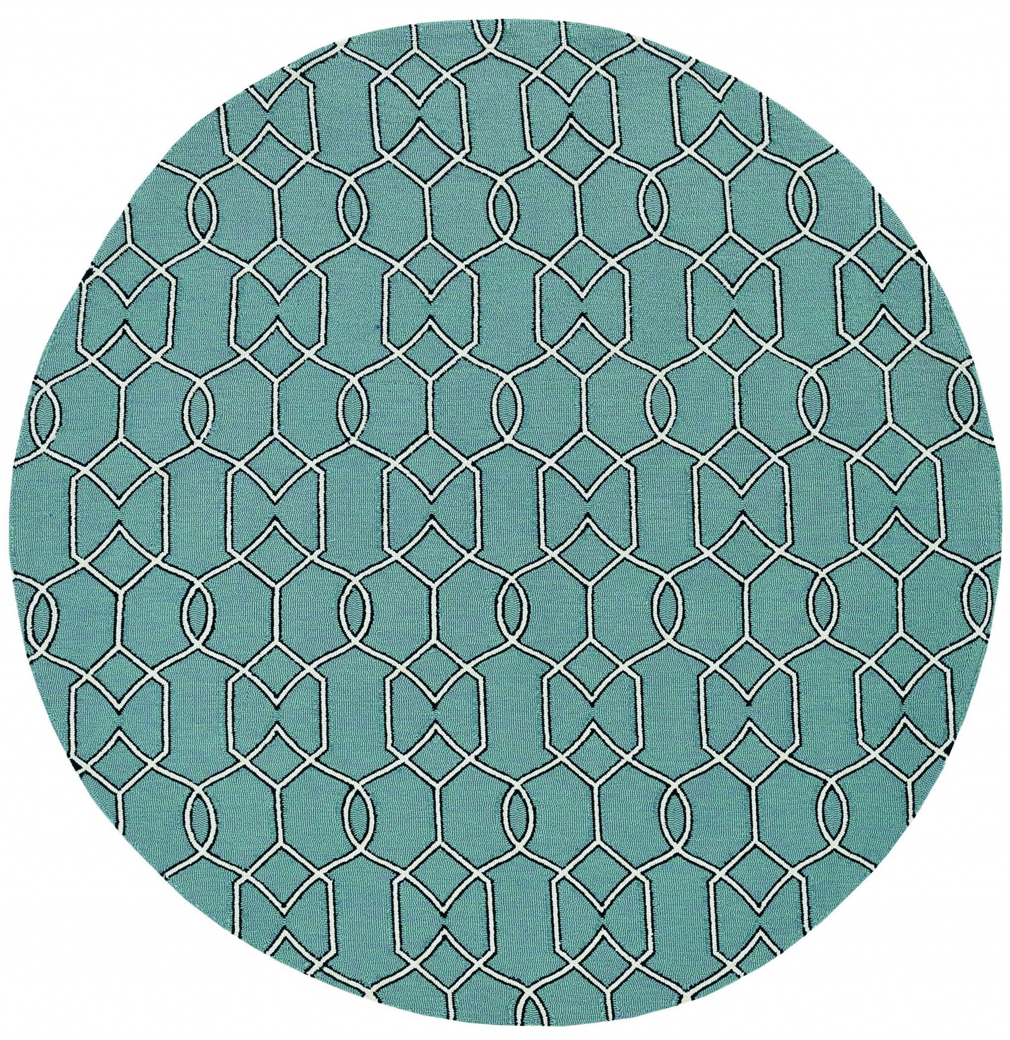 7-inch Spa Green Hand Hooked UV Treated Geometric Round Indoor Rug displayed on a wooden floor, showcasing its vibrant color and unique design.