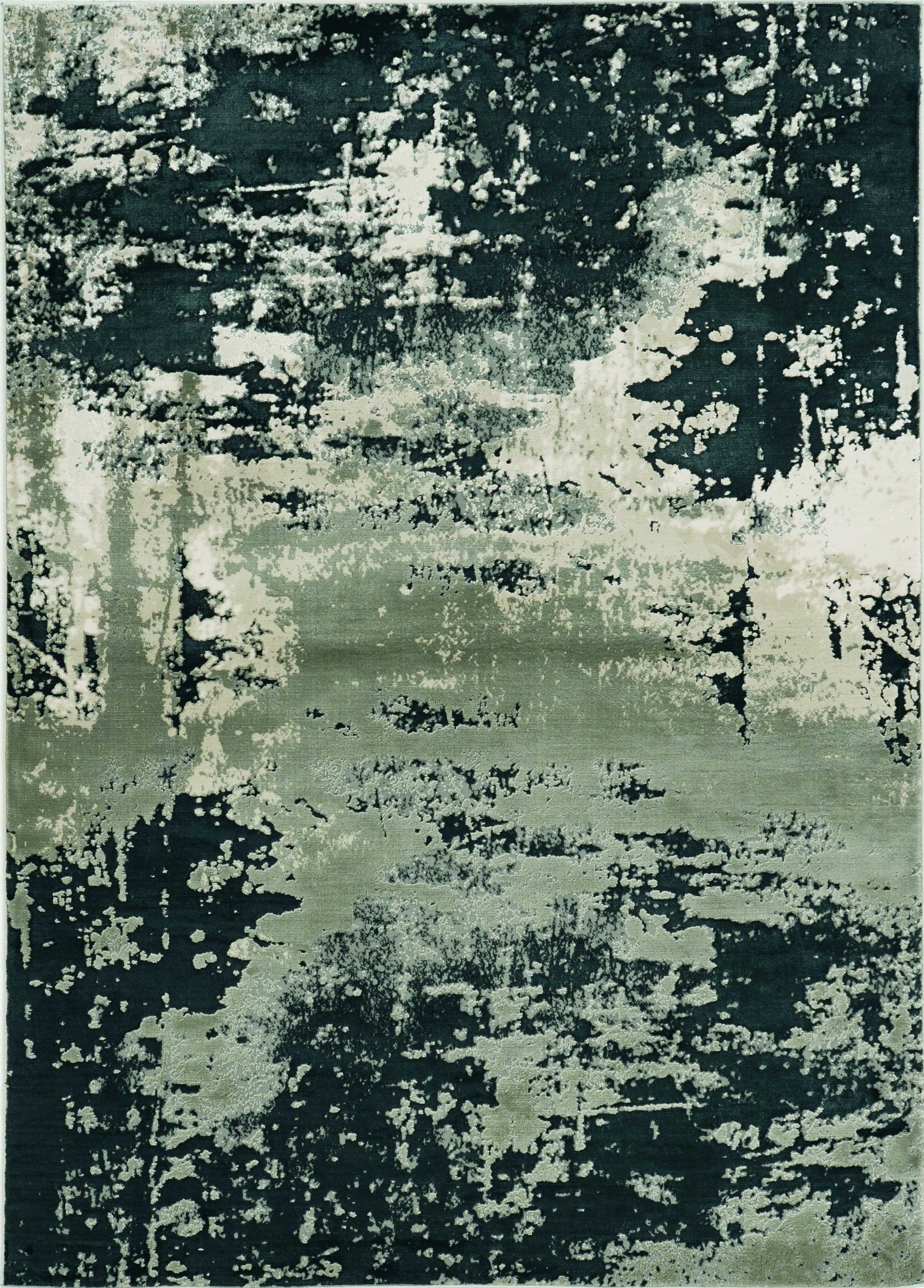 A stylish 7x10 inches polyester silver charcoal area rug featuring modern paint-dripping effects and layered designs, perfect for contemporary decor.