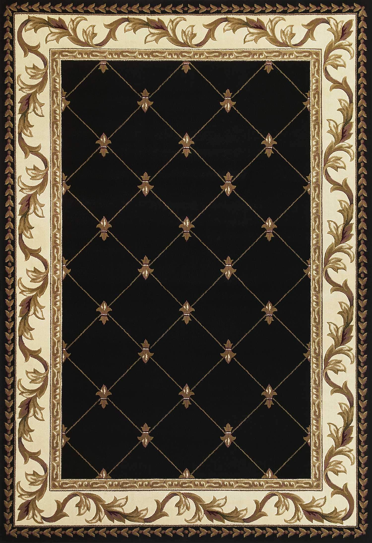 A stunning 7x10 inches black polypropylene area rug featuring an elegant fleur-de-lis design, perfect for enhancing home decor.