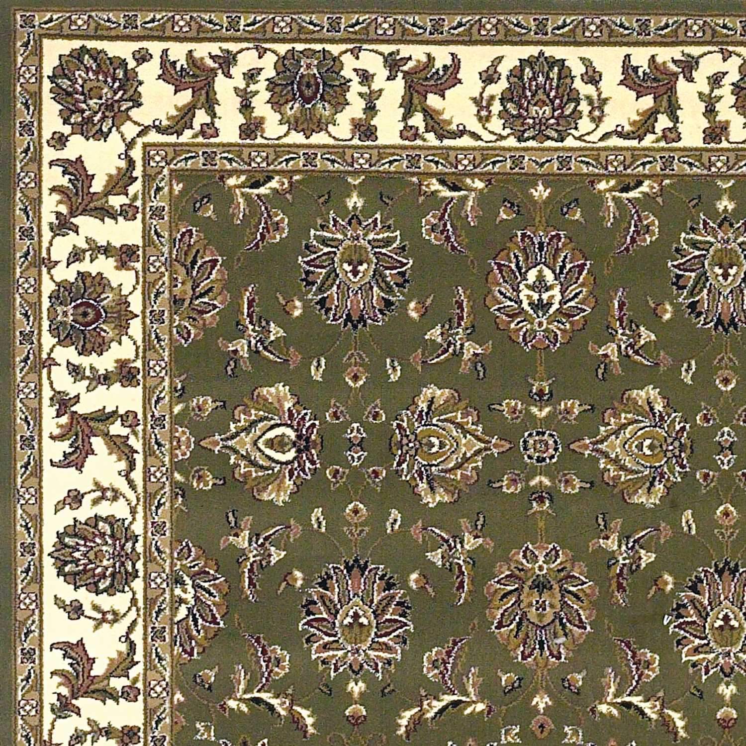 A beautiful 7x10 inches Polypropylene area rug in green and ivory, featuring intricate Kashan patterns, perfect for enhancing home decor.