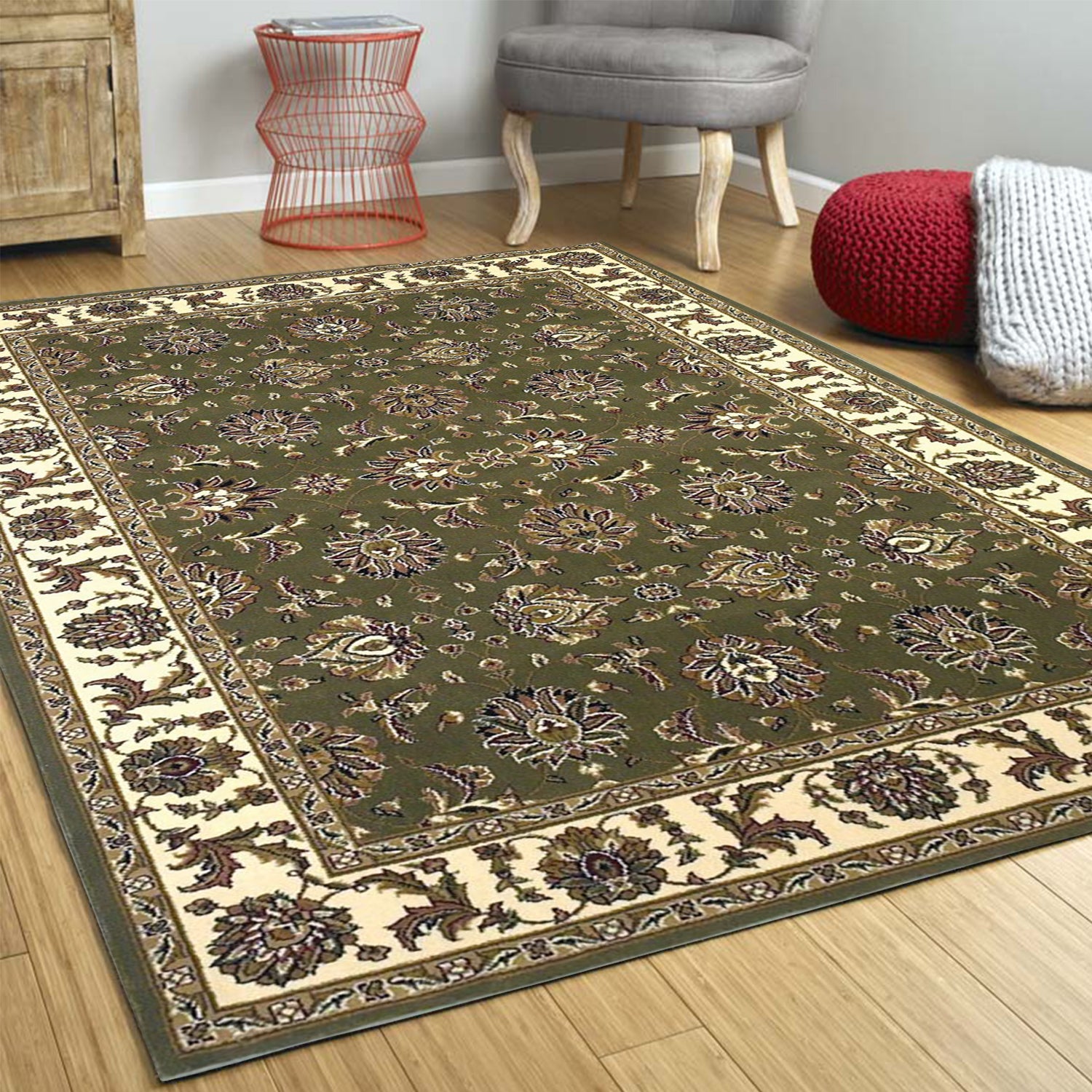 A beautiful 7x10 inches Polypropylene area rug in green and ivory, featuring intricate Kashan patterns, perfect for enhancing home decor.