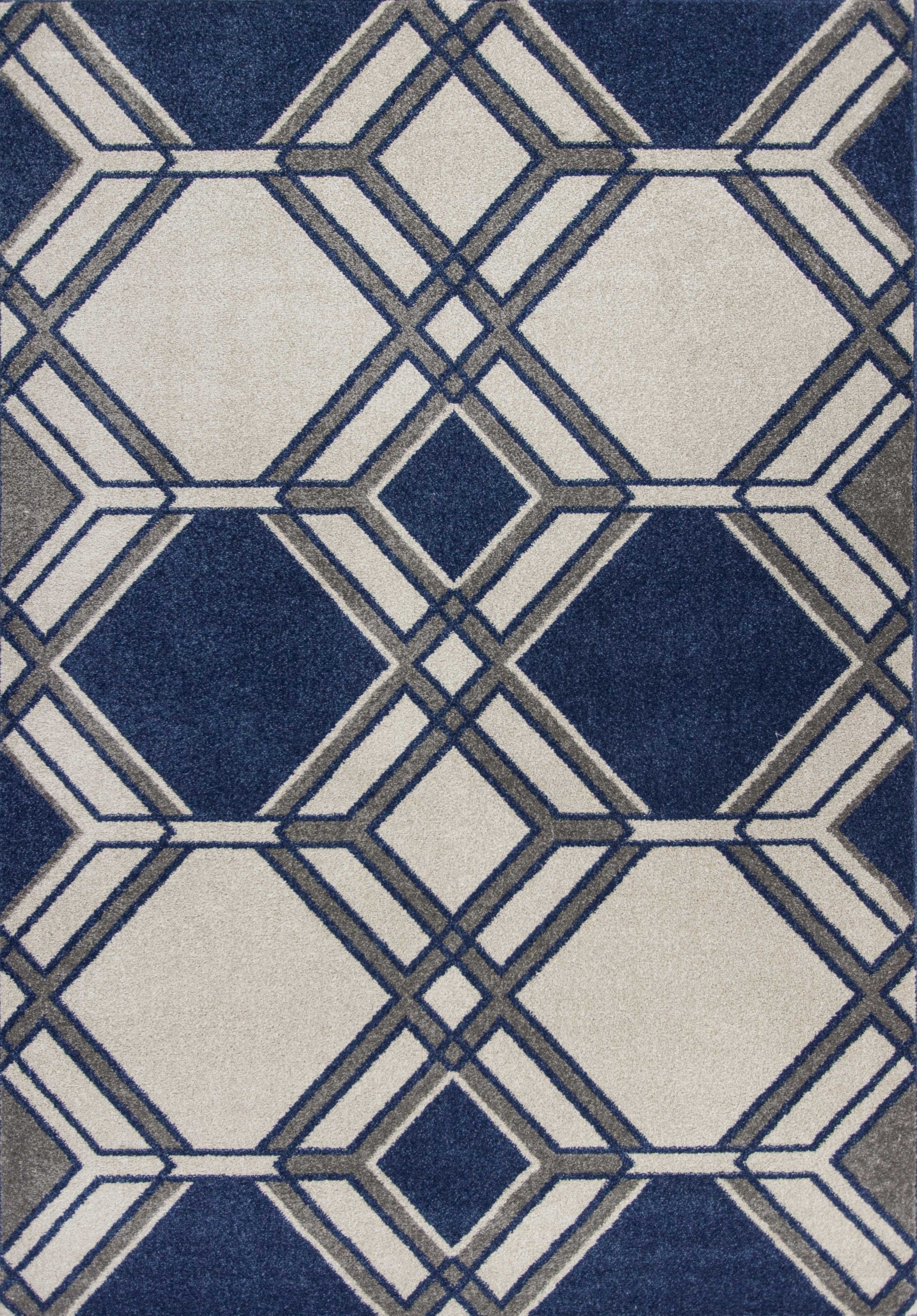 7x11 inches ivory and denim geometric hexagon rug, showcasing a modern design suitable for indoor use.