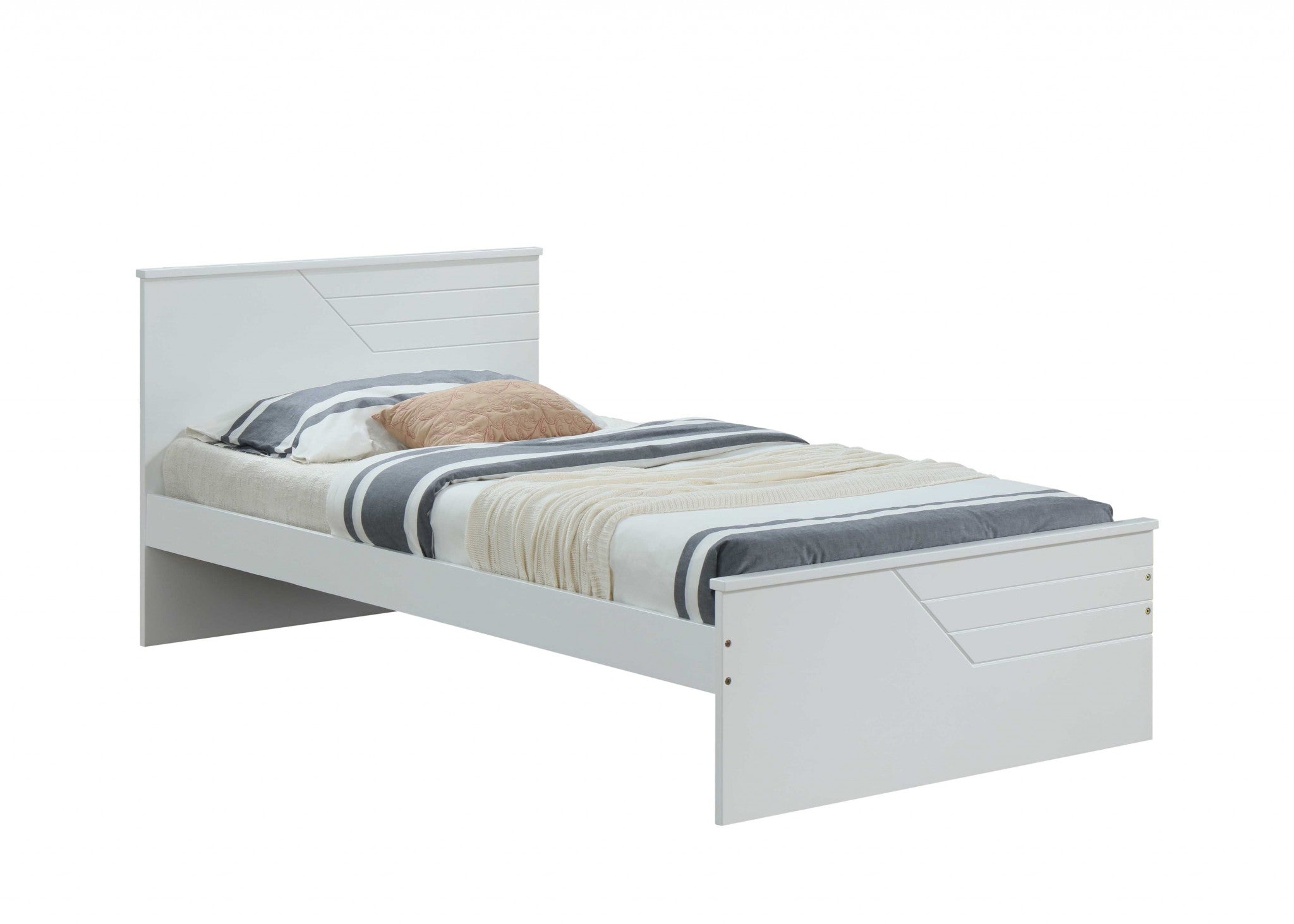 Twin White Solid Wood Bed with rectangular headboard and low profile footboard, crafted from selected wood and veneers, featuring a rich white finish.