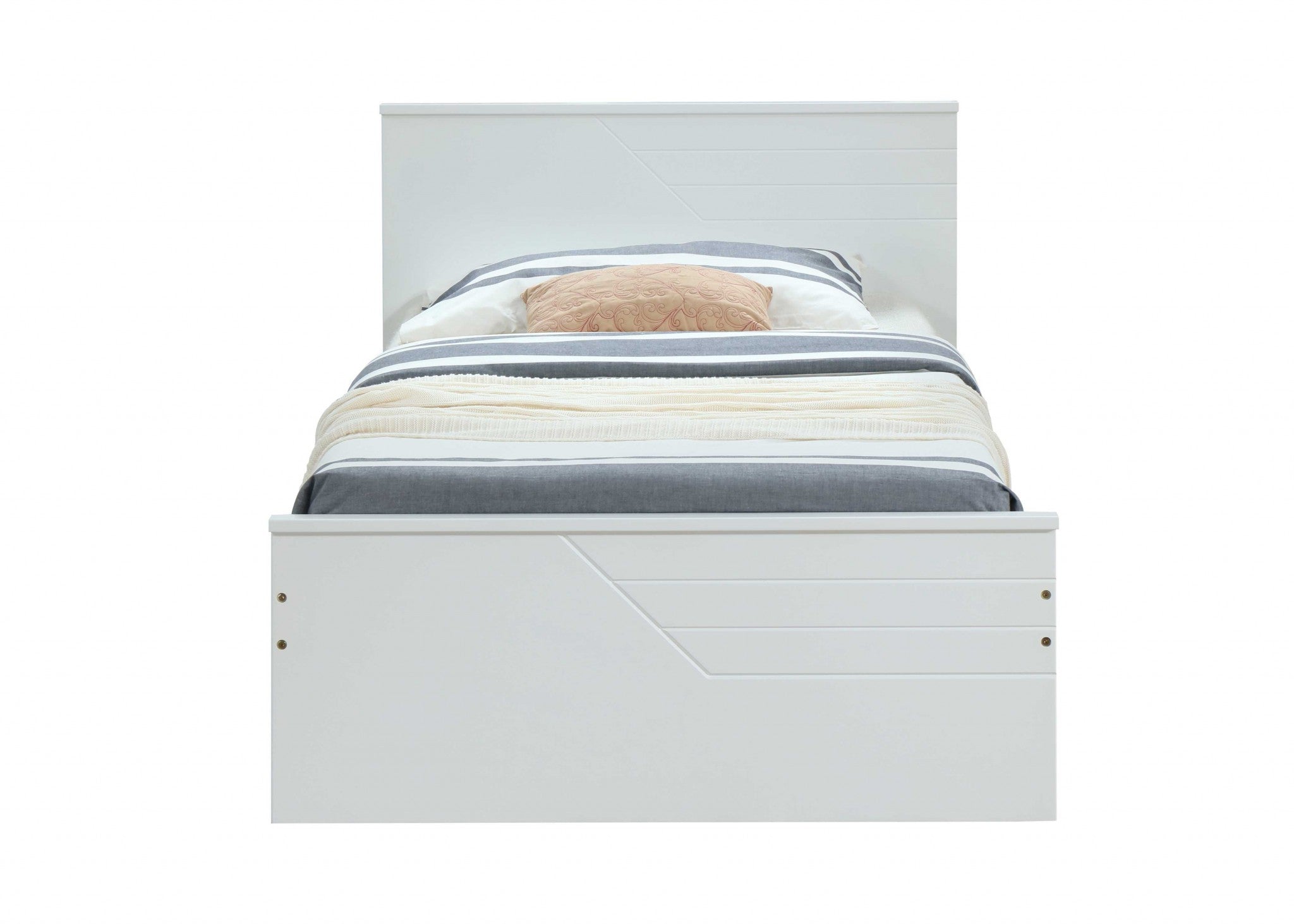 Twin White Solid Wood Bed with rectangular headboard and low profile footboard, crafted from selected wood and veneers, featuring a rich white finish.