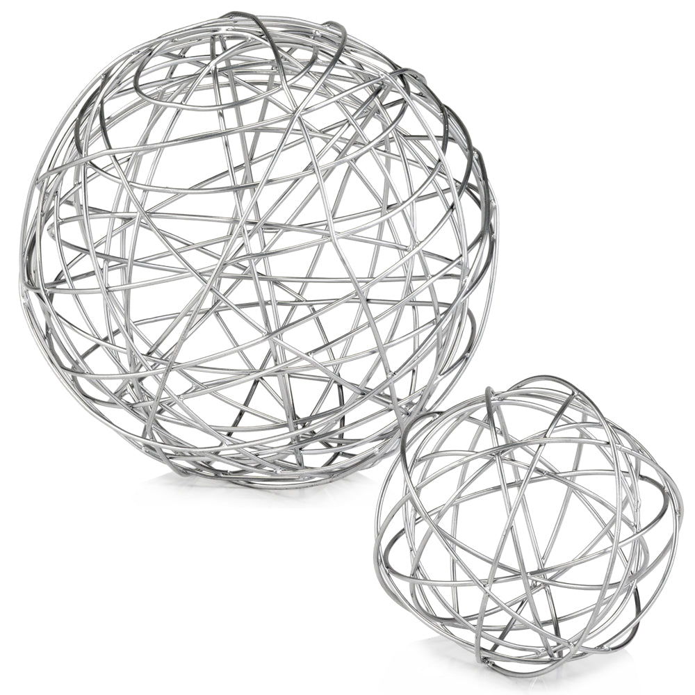 A modern silver large wire sphere measuring 7 inches in all dimensions, showcasing intricate wire design and elegant finish.