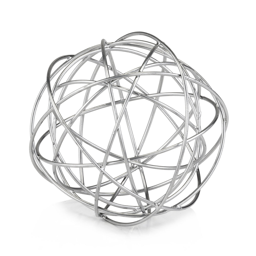 A modern silver large wire sphere measuring 7 inches in all dimensions, showcasing intricate wire design and elegant finish.