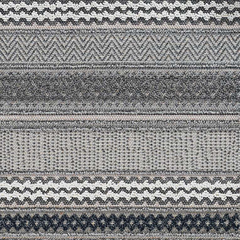 7x9 taupe geometric pattern area rug suitable for indoor and outdoor use, showcasing a modern design and low pile height.