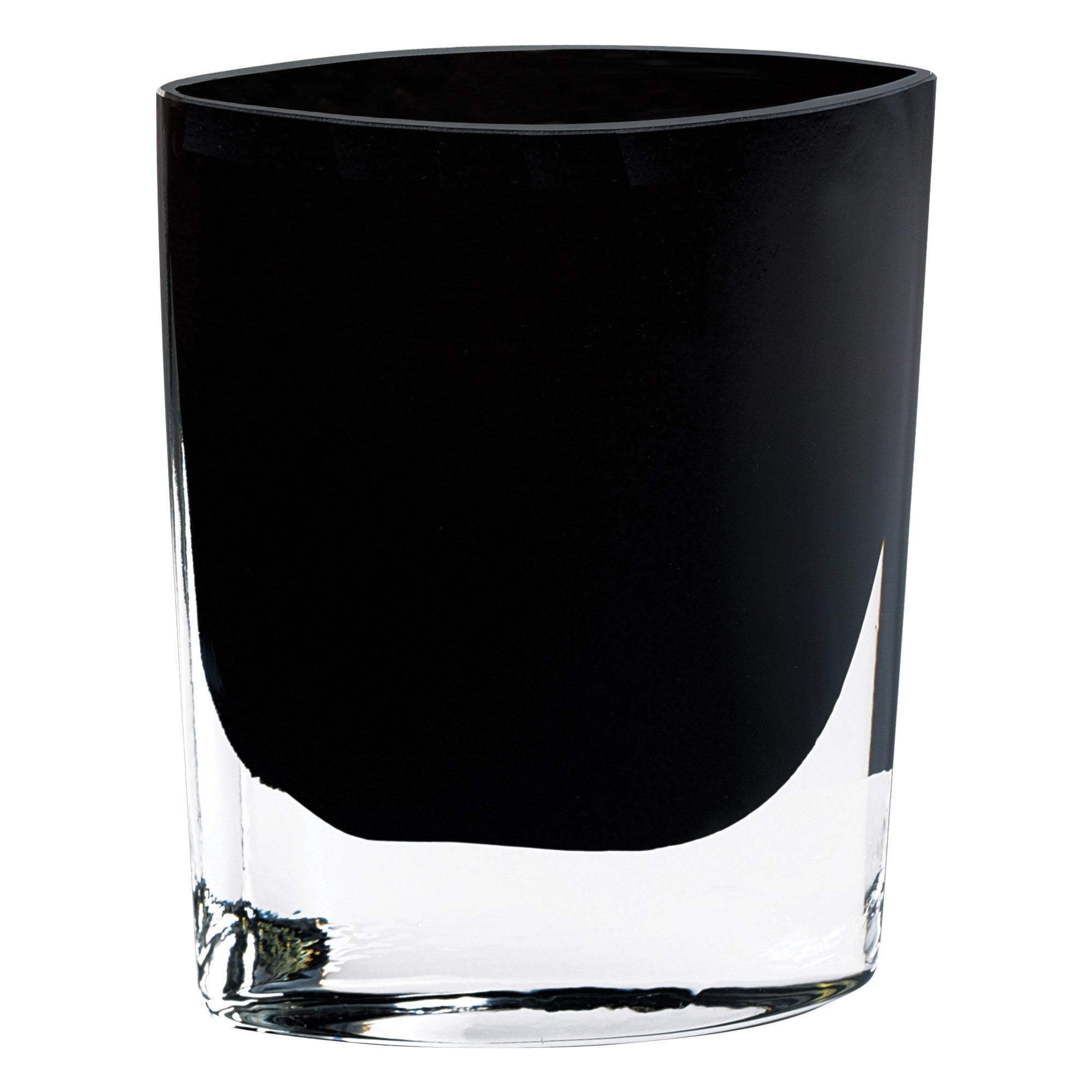 Elegant 8-inch mouth blown crystal vase in jet black, pocket-shaped design, showcasing exquisite craftsmanship and lead-free material.