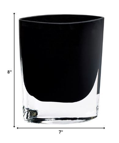 Elegant 8-inch mouth blown crystal vase in jet black, pocket-shaped design, showcasing exquisite craftsmanship and lead-free material.