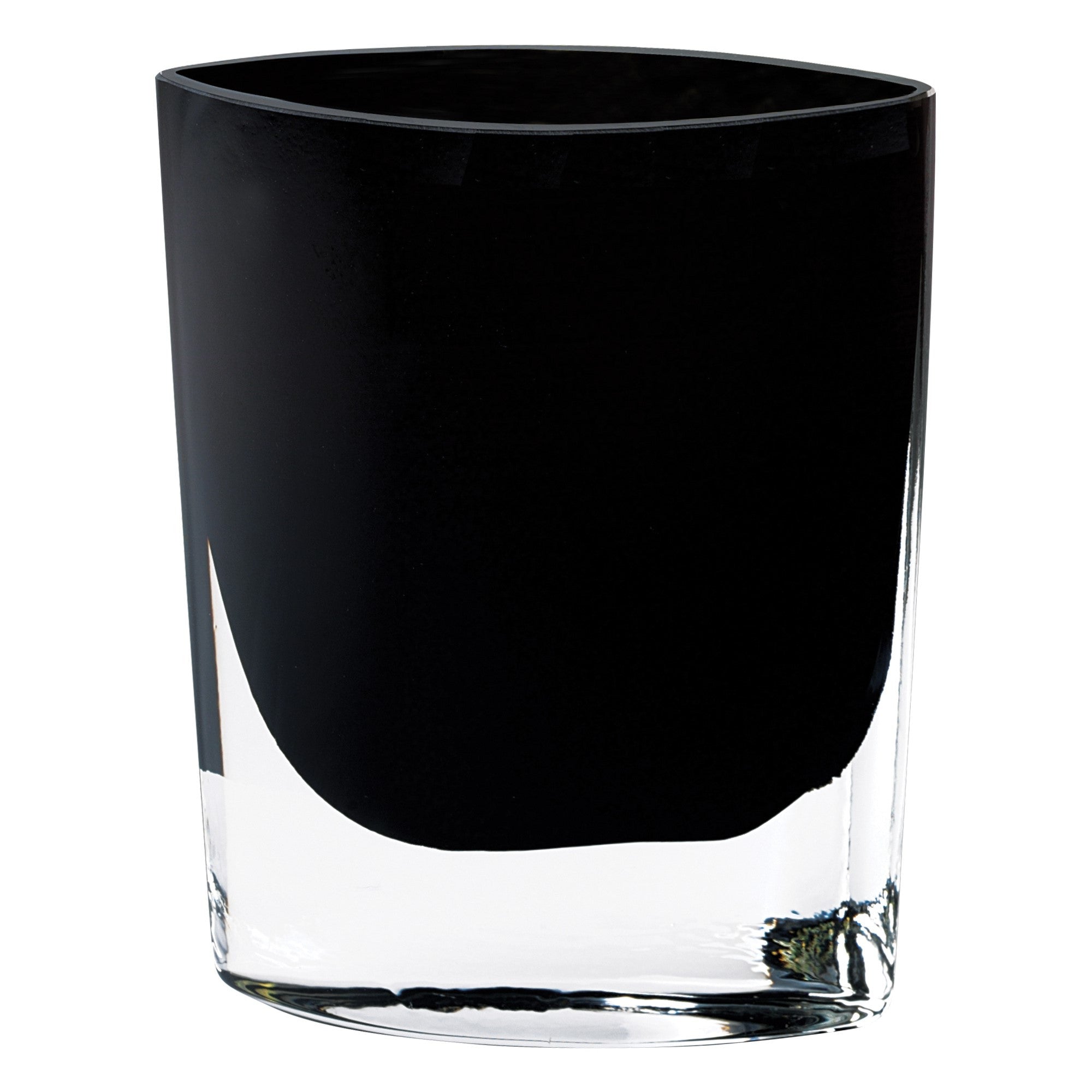 Elegant 8-inch mouth blown crystal vase in jet black, pocket-shaped design, showcasing exquisite craftsmanship and lead-free material.