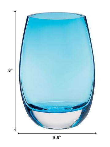 A stunning 8-inch mouth blown crystal lead-free oval vase in aqua blue, showcasing its thick walls and elegant design.