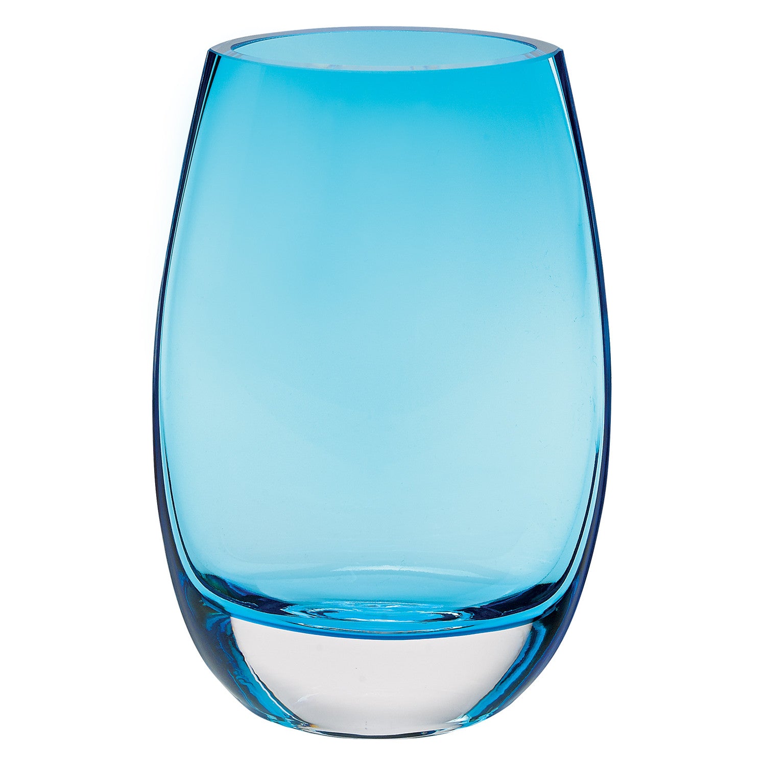 A stunning 8-inch mouth blown crystal lead-free oval vase in aqua blue, showcasing its thick walls and elegant design.