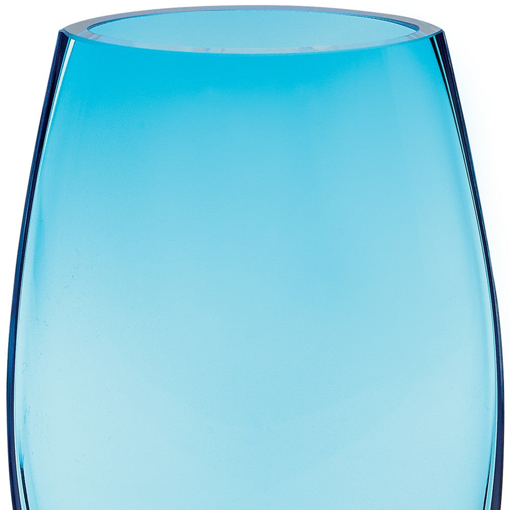 A stunning 8-inch mouth blown crystal lead-free oval vase in aqua blue, showcasing its thick walls and elegant design.