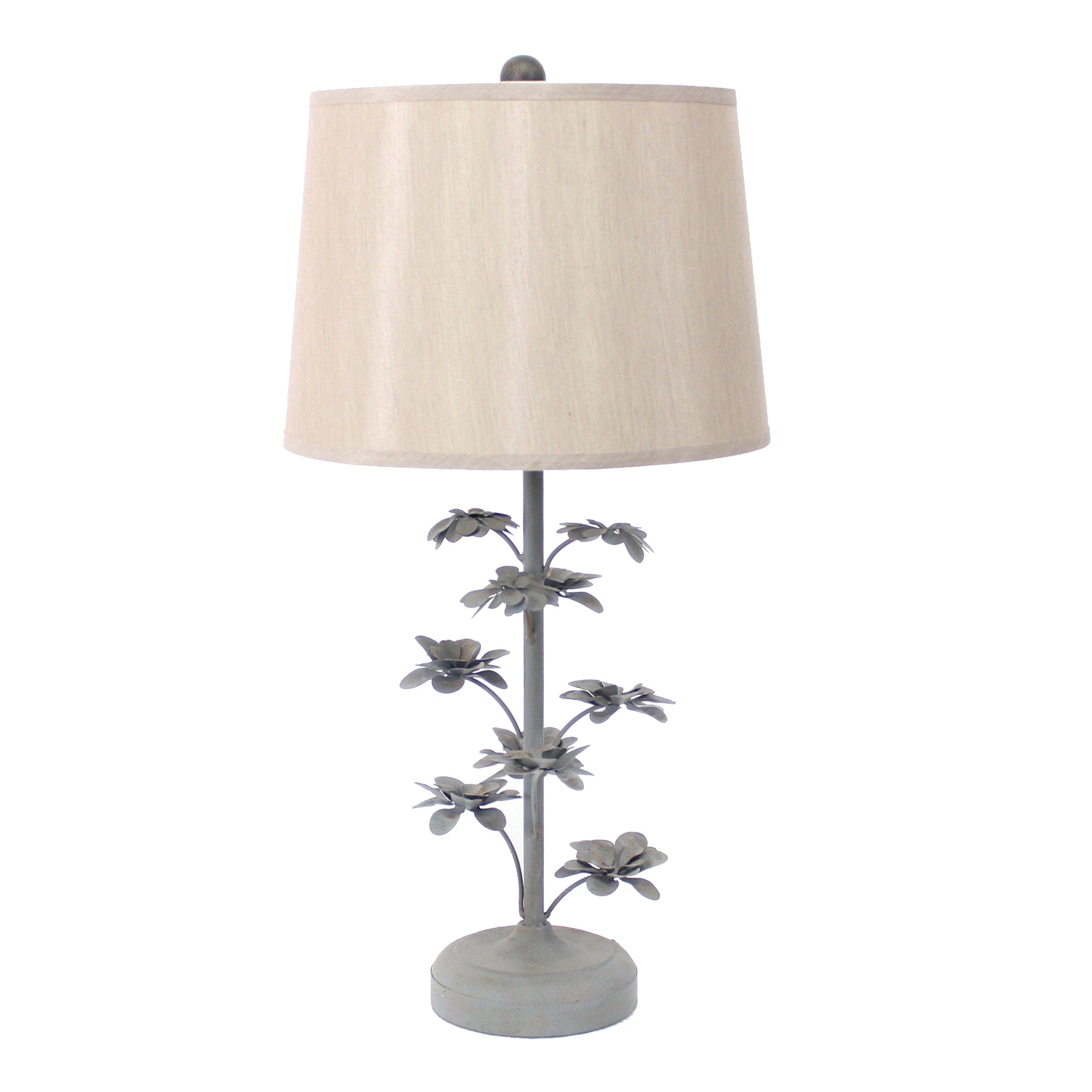 Gray rustic flowering tree table lamp with beige linen shade, showcasing a unique metal base design.