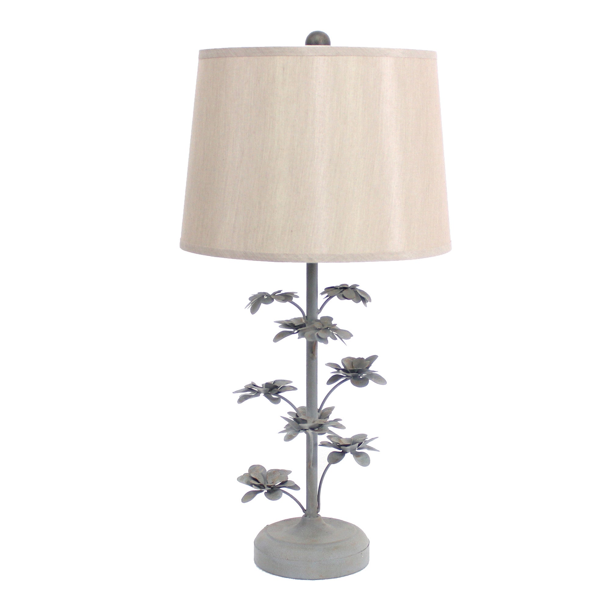 Gray rustic flowering tree table lamp with beige linen shade, showcasing a unique metal base design.