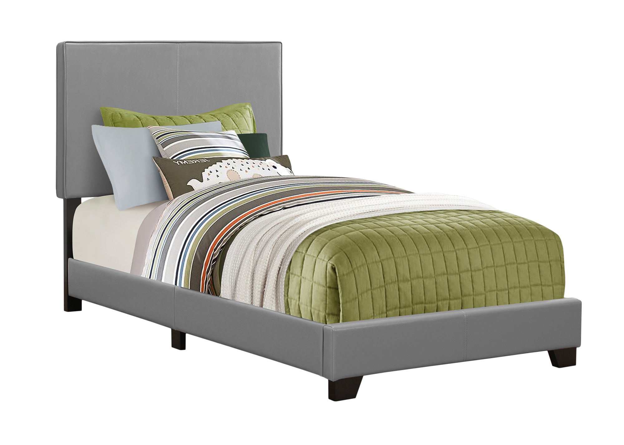 Grey foam twin size bed with solid wood frame and leather look finish, showcasing modern design and comfort.