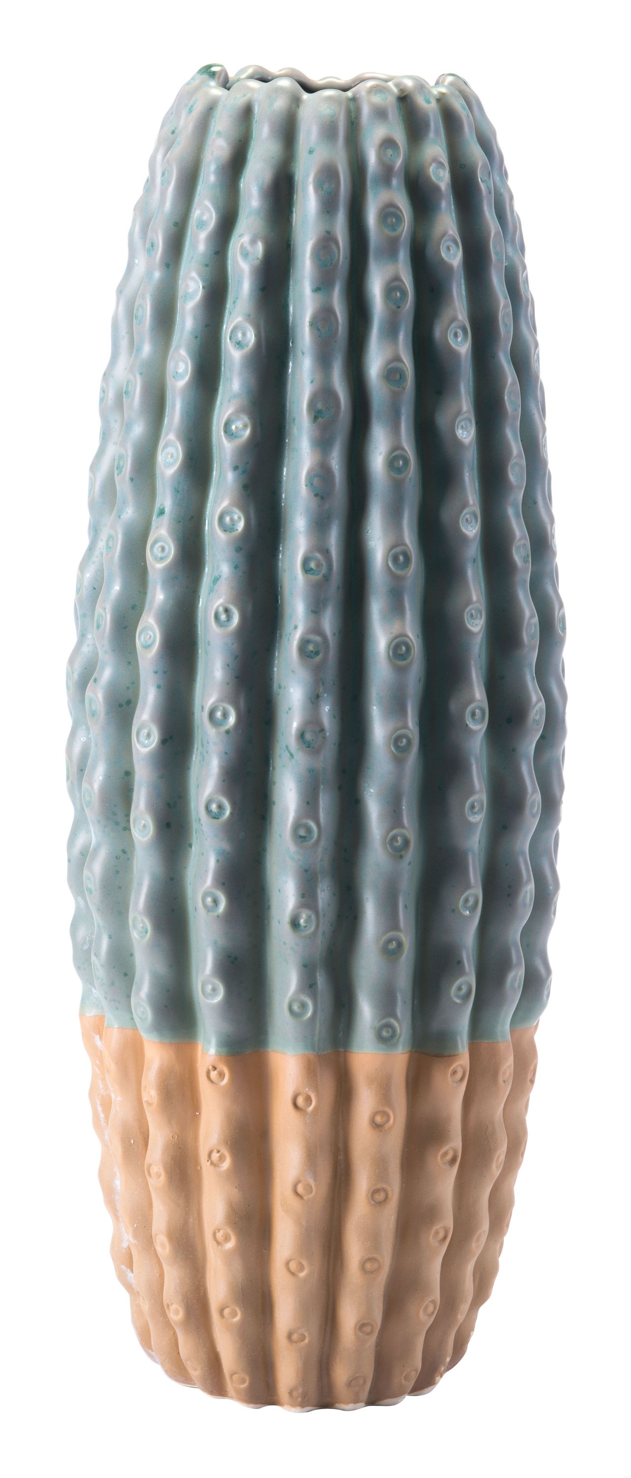 A tall green ceramic vase with a cactus-like texture, perfect for home decor, displayed with flowers.