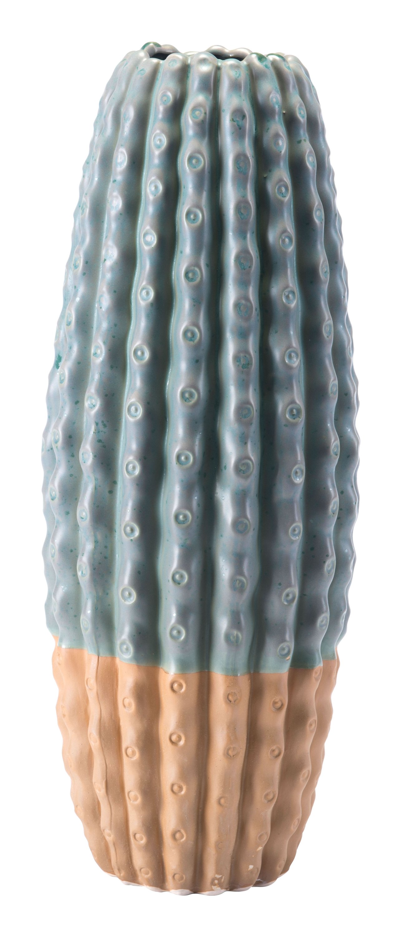 A tall green ceramic vase with a cactus-like texture, perfect for home decor, displayed with flowers.