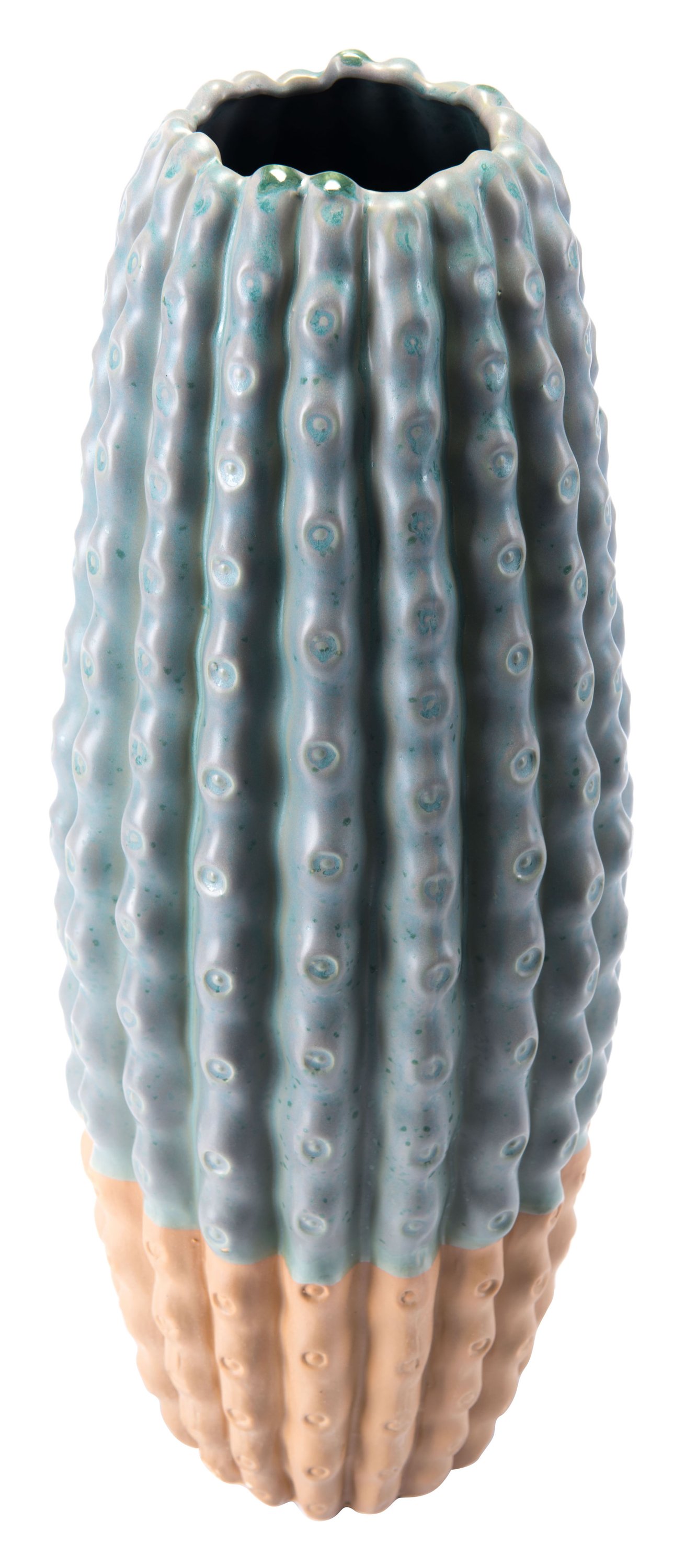 A tall green ceramic vase with a cactus-like texture, perfect for home decor, displayed with flowers.