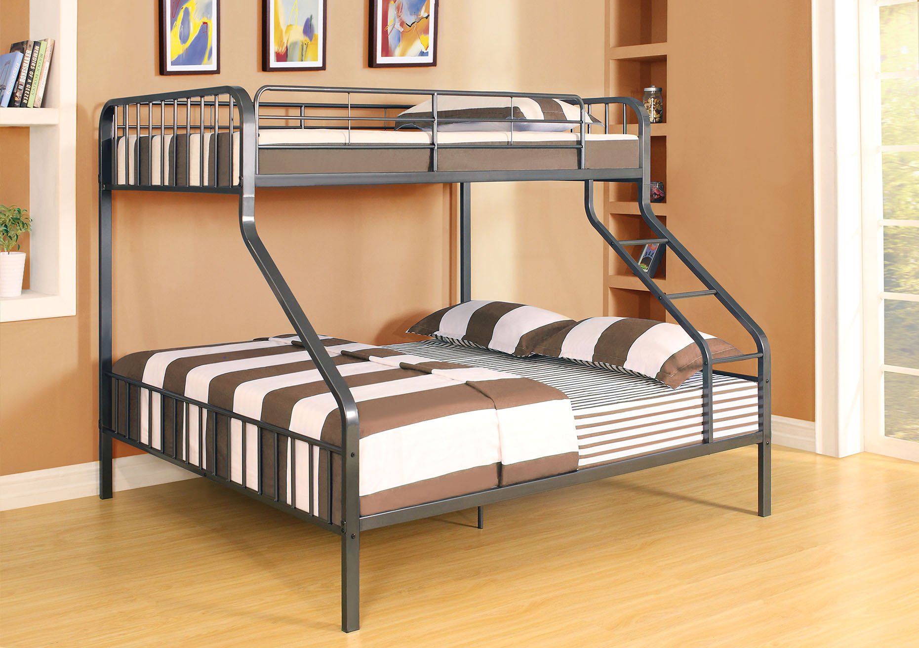 Gunmetal twin XL over queen bunk bed featuring a modern design with a front ladder and safety guard-rail.