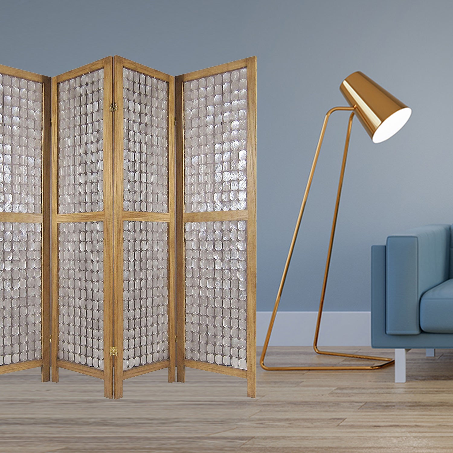 A beautiful 84 x 1.5 x 84 Clear Capiz Shell Screen featuring a sturdy mango hardwood frame and shimmering capiz shells.