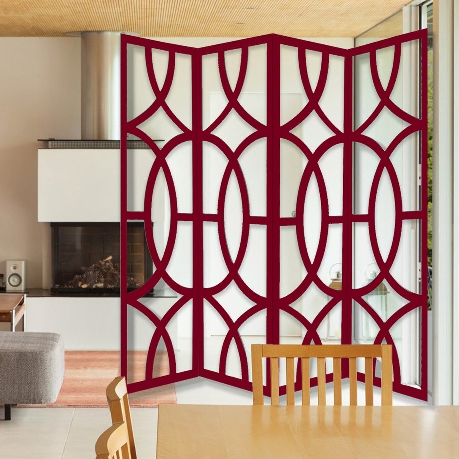 A vibrant red wood 4 panel screen, elegantly designed for modern home decor, showcasing its sturdy construction and stylish appearance.