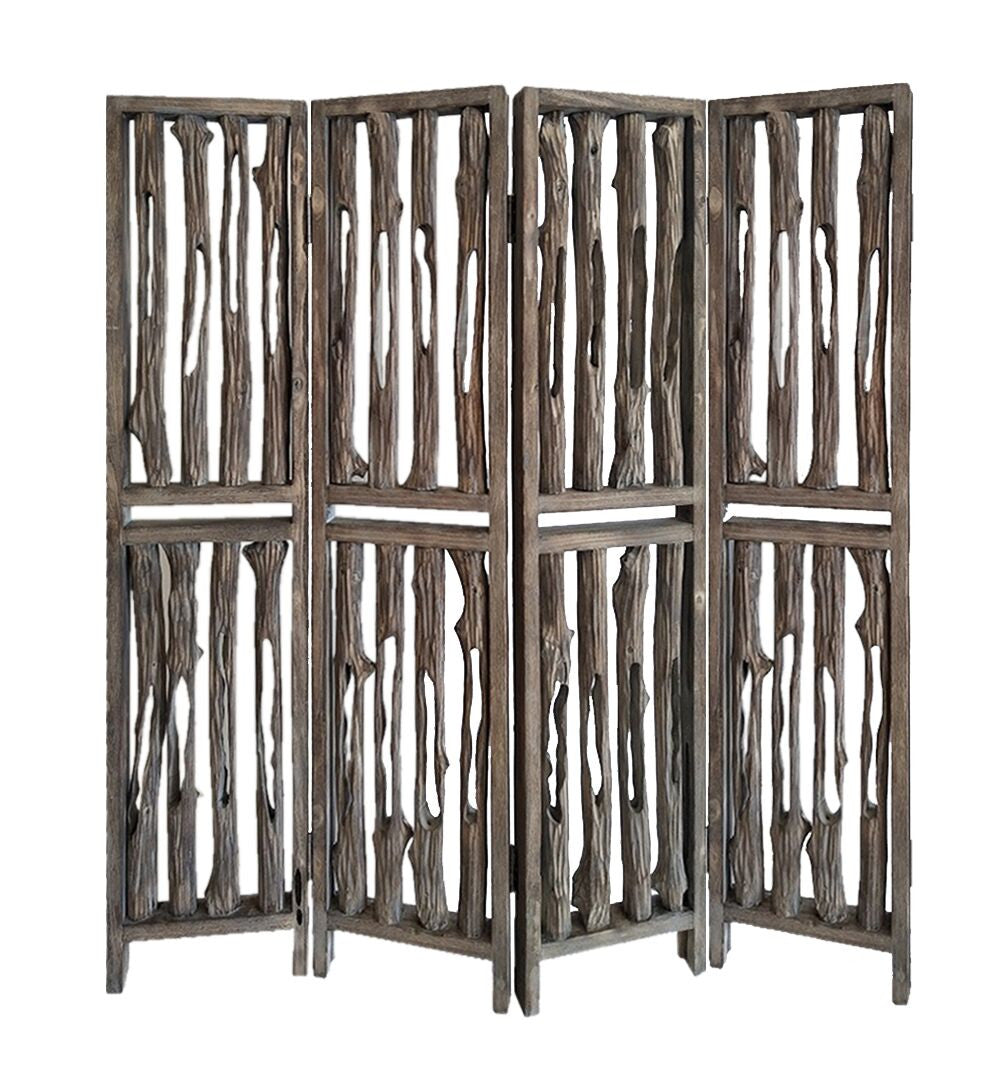 A stylish 4-panel room divider in weathered brown wood featuring a unique tree branch design, perfect for modern decor.