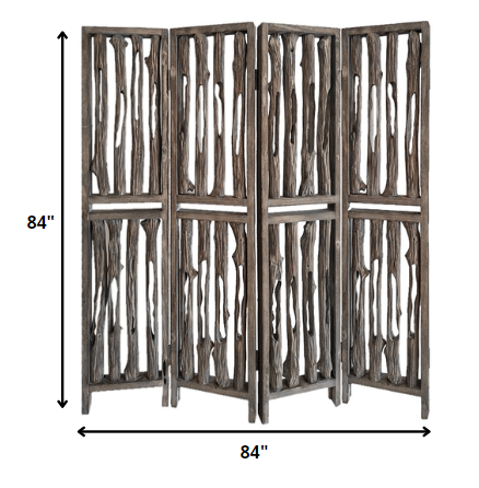 A stylish 4-panel room divider in weathered brown wood featuring a unique tree branch design, perfect for modern decor.