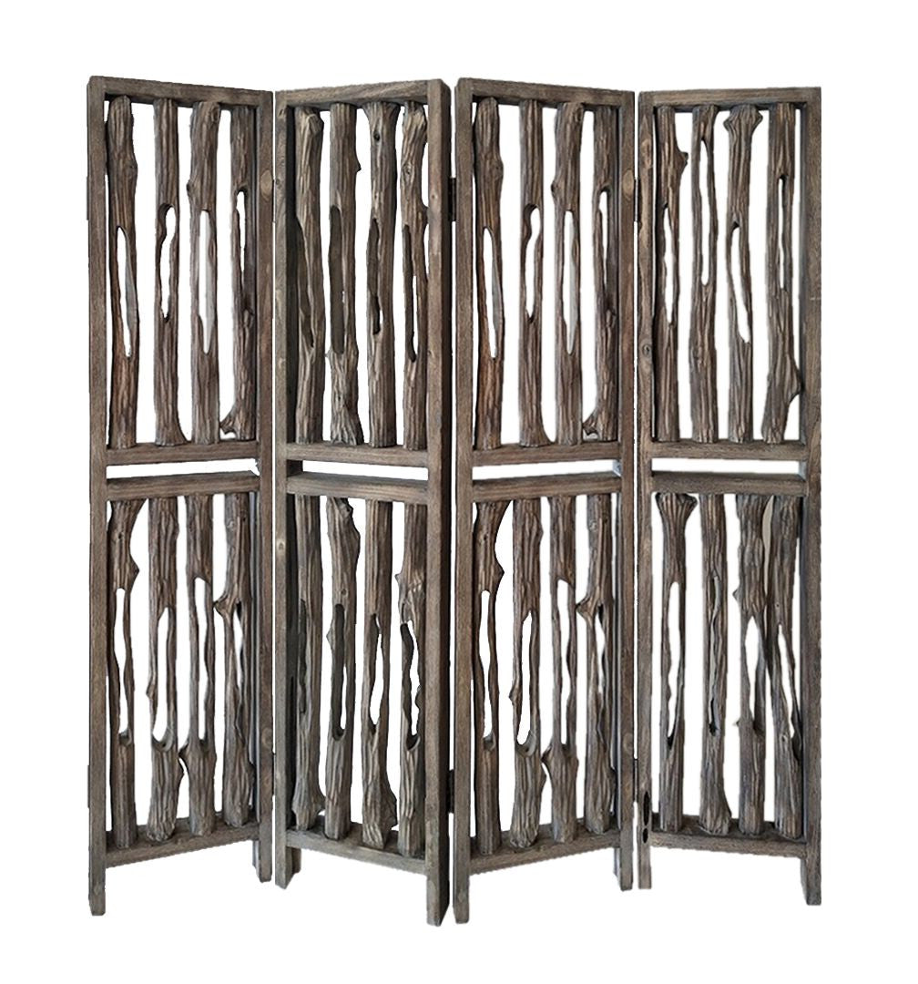 A stylish 4-panel room divider in weathered brown wood featuring a unique tree branch design, perfect for modern decor.